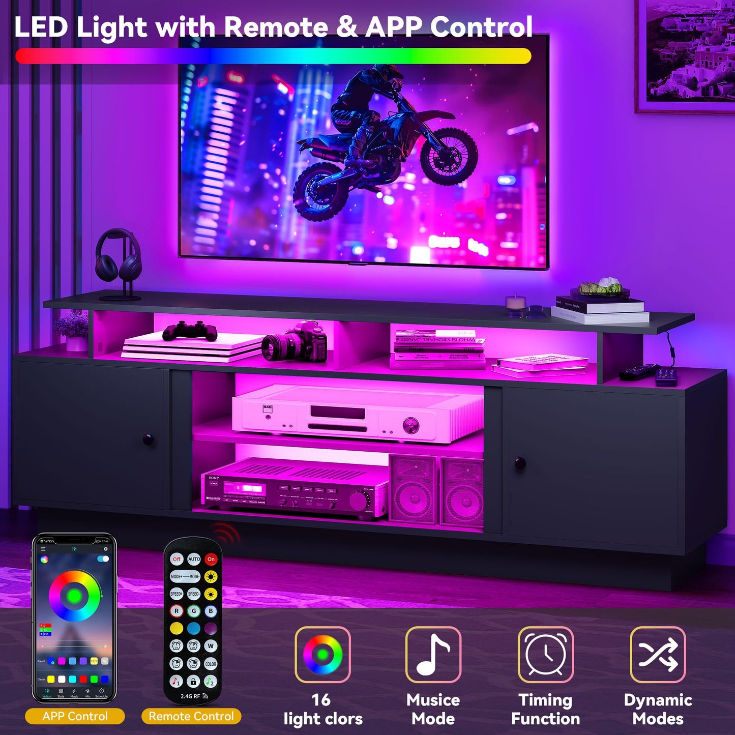 DWVO Modern TV Stand for 75 Inch TVs, Entertainment Center with LED Lights, TV Console with Storage Cabinets & Movable Partition for Living Room, Black