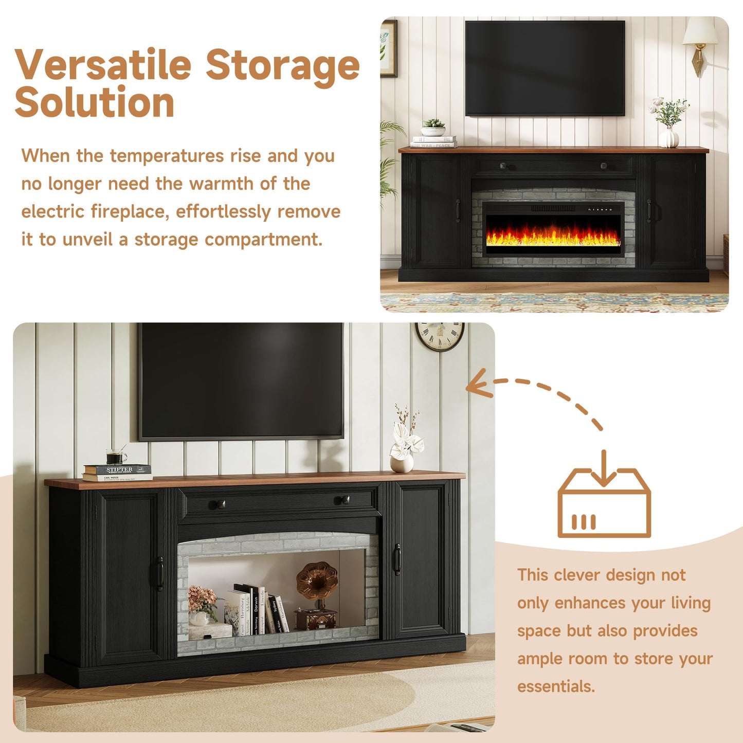 Merax Electric Fireplace TV Stand with Storage, Farmhouse Entertainment Center for Living Room, Heater Unit with Adjustable Shelves & Cable Management, MDF Wood Media Console Table, Black
