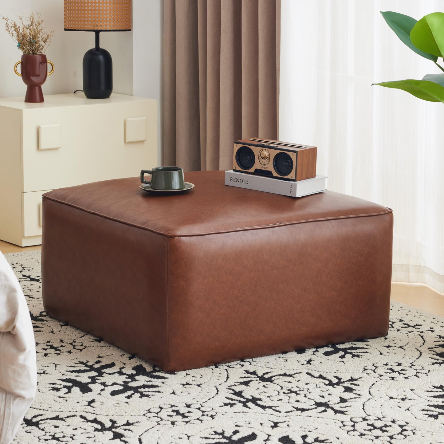Merax 30" PU Ottoman, Modern Sofa Foot Rest Faux Leather Multifunctional Extra Seat, Side Table, Accent Piece Footstool for Living Room Bedroom
