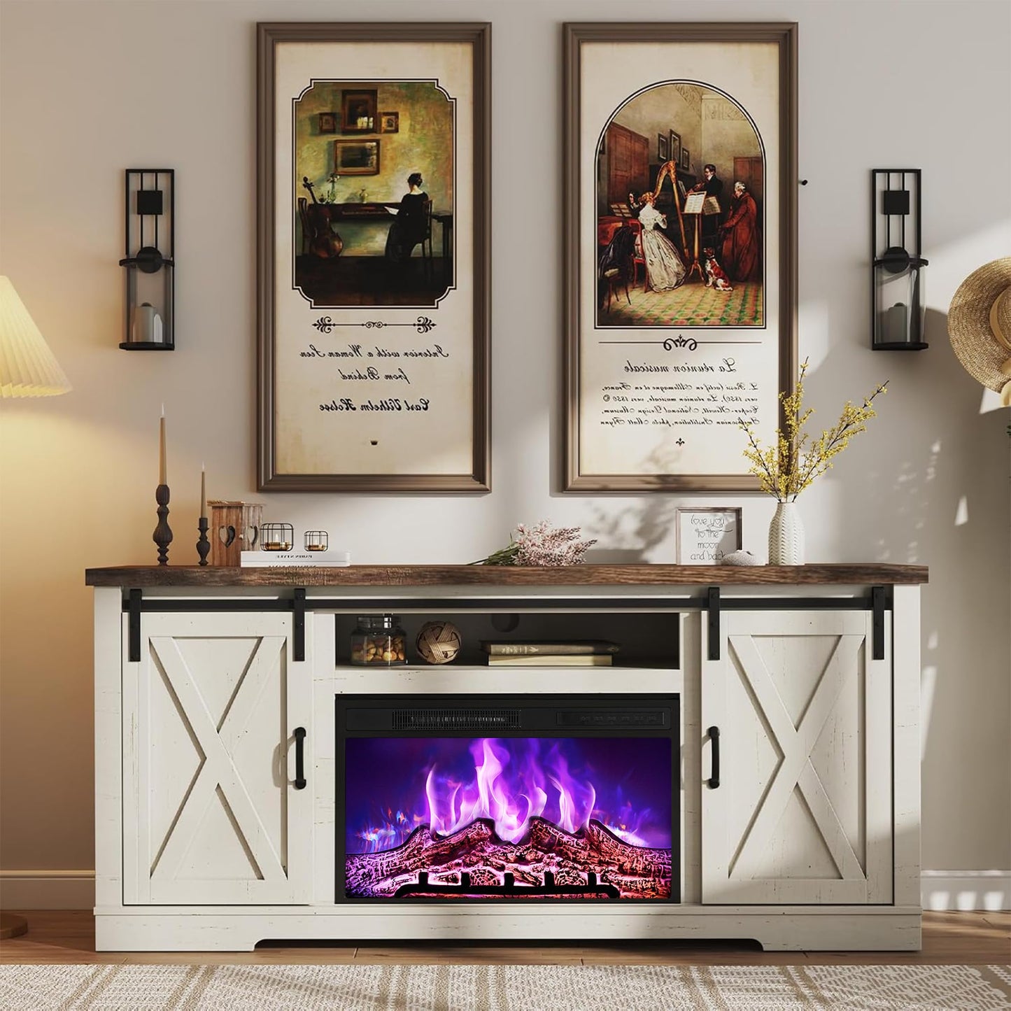 AMERLIFE Fireplace TV Stand with Sliding Barn Door for TVs up to 73", Farmhouse 63" Fireplace Entertainment Center with Storage Cabinets/Adjustable Shelves, Distressed White & Barnwood