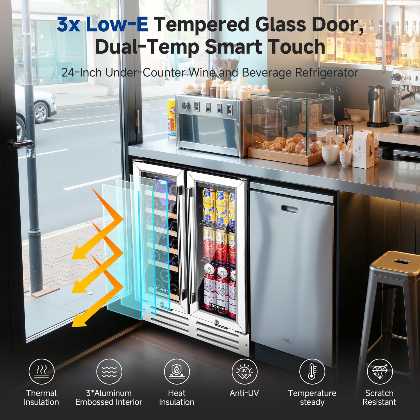 BODEGACOOLER Wine and Beverage Refrigerator, 24 Inch Under Counter Commercial Beverage Refrigerator, Large Capacity Back Bar Cooler With 2 Glass Doors,LED Lighting for Beer,Soda,Wine,4.1 Cu.Ft.,Black.