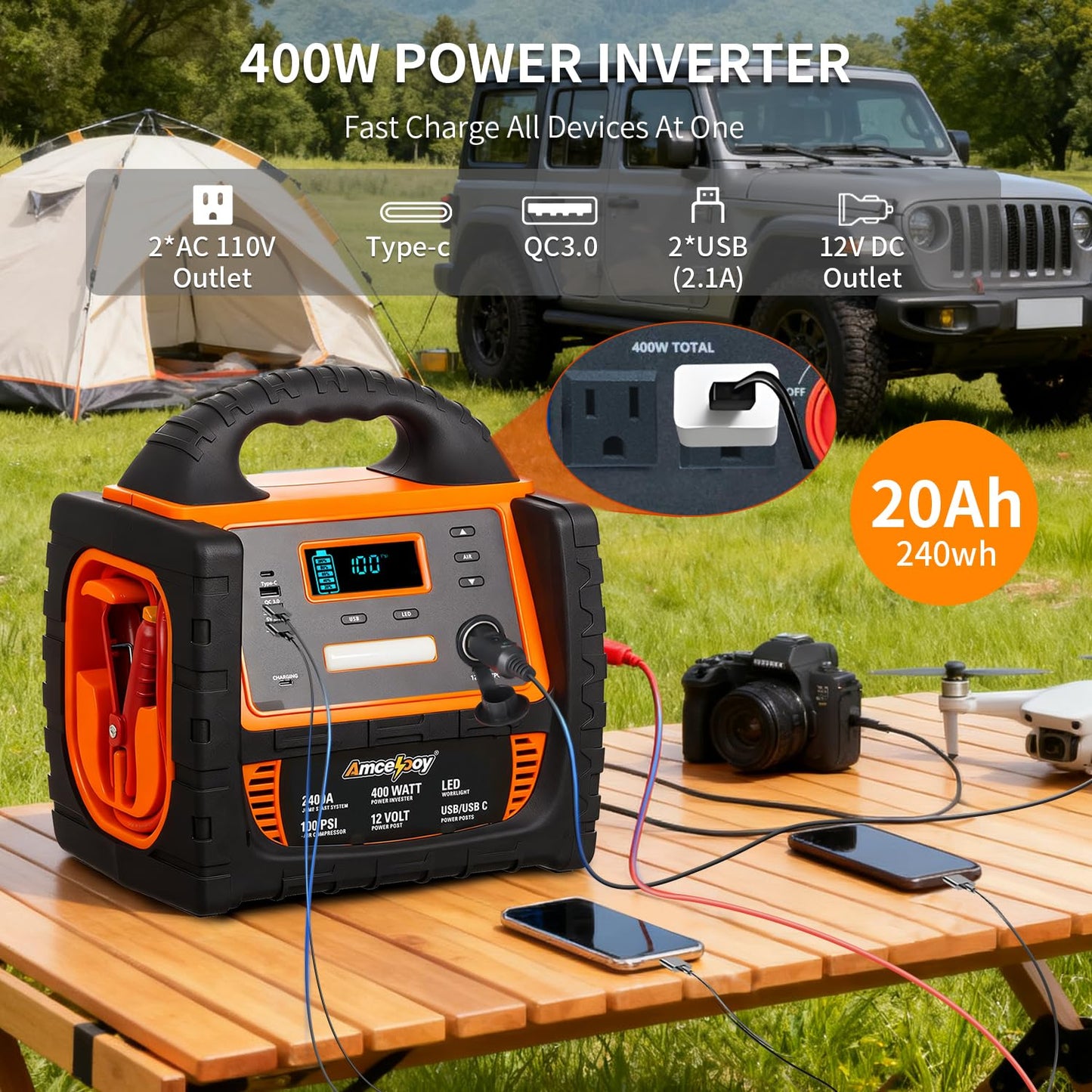 Amcelooy 2400A Car Battery Jump Starter and Portable Power Station – Starts 8.0L Gas & 8.0L Diesel – 6-in-1 Jump Starter with Air Compressor 100 PSI Tire Inflator – 400 Watt Inverter AC/DC/USB Outlets