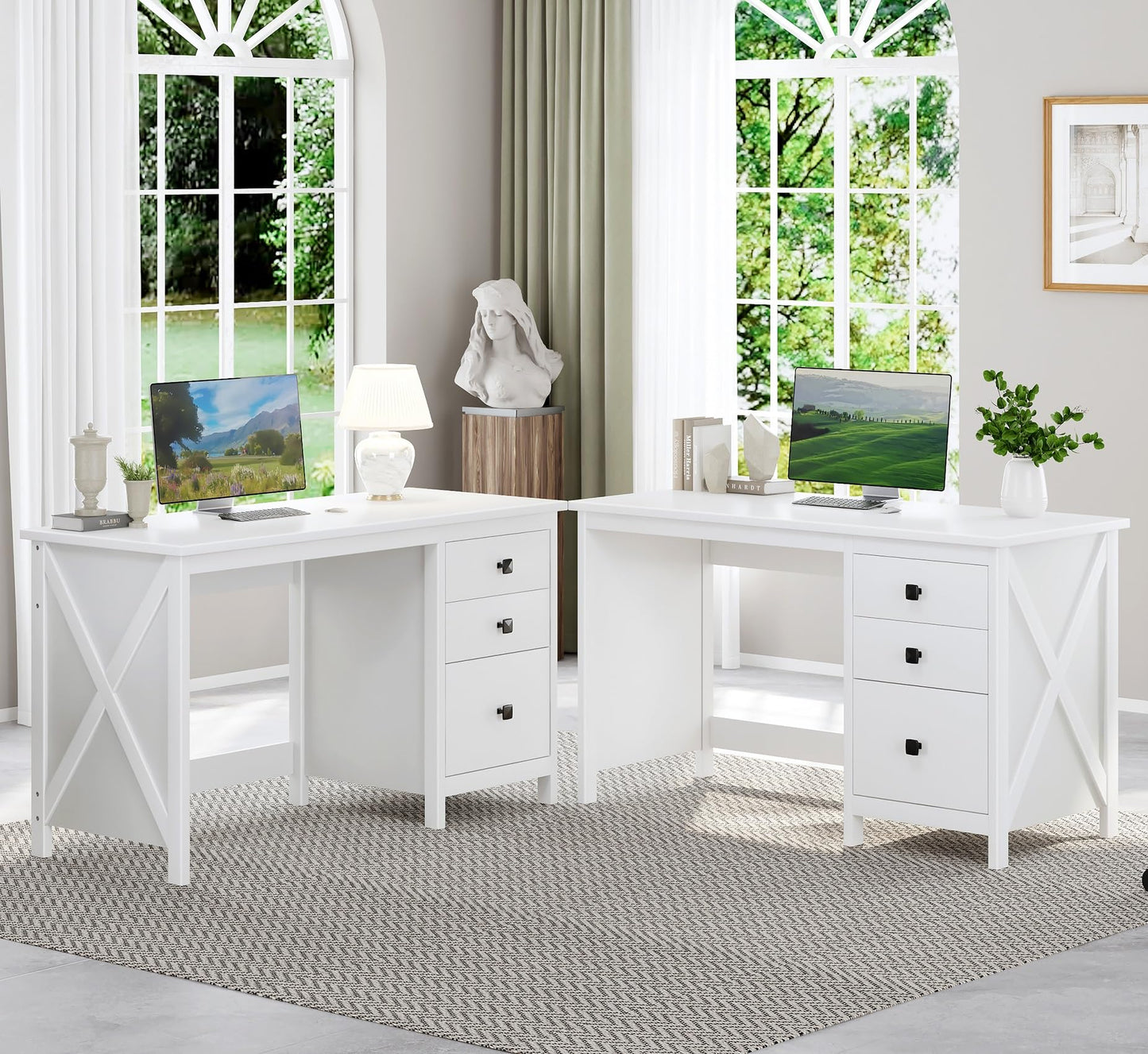 JSB 47.2'' White Computer Desk for Home Office,Farmhouse Executive Desk with 3 File Drawers,Study Writing Table Storage Cabinet,Makeup Vanity Desk for Bedroom (White, 47.2in)