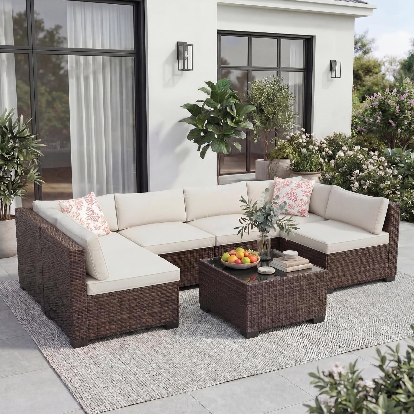 7-Piece All-Weather Outdoor Sectional Sofa Set, Waterproof Wicker Patio Furniture with Removable Cushions, Modern Gray Conversation Set for Poolside, Garden, and Backyard, Brown Vine+Beige Cushion