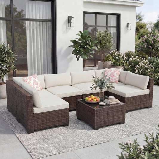 7-Piece All-Weather Outdoor Sectional Sofa Set, Waterproof Wicker Patio Furniture with Removable Cushions, Modern Gray Conversation Set for Poolside, Garden, and Backyard, Brown Vine+Beige Cushion