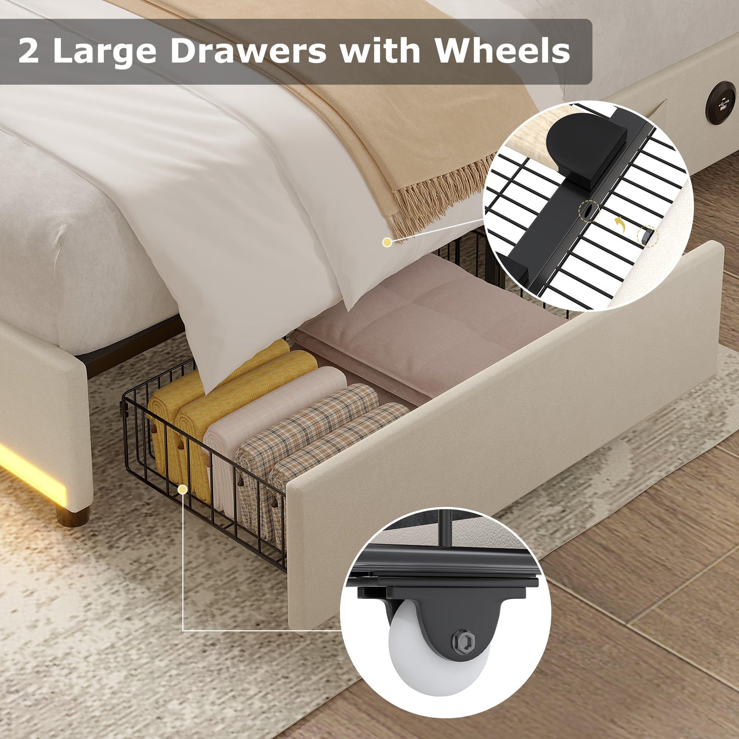 VECELO Full Size Bed Frame with Storage Drawers, Upholstered Platform Bedframe with Wingback Headboard, No Box Spring Needed, Beige