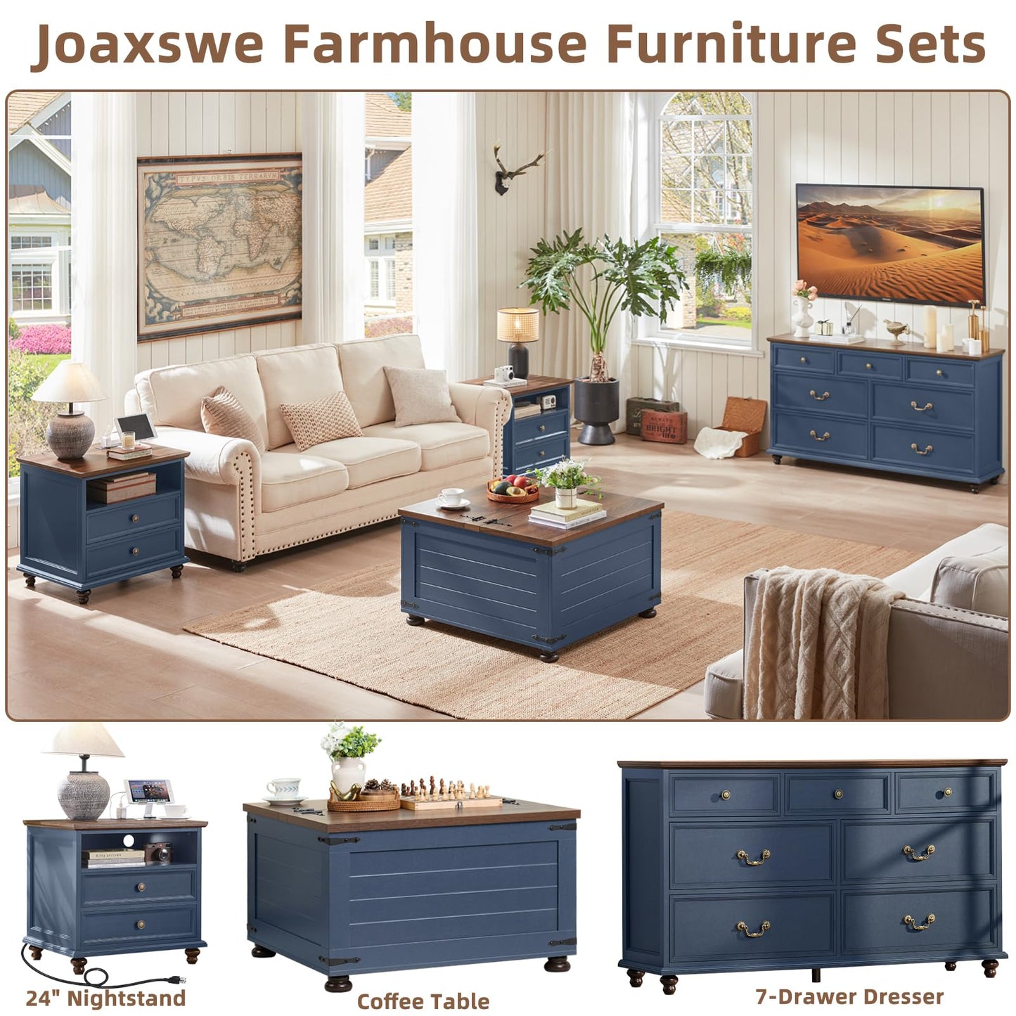 24" Wide Farmhouse Nightstand Set of 2 with Charging Station,End Table with 2 Drawers,Blue Wood Dresser for Bedroom Cabinet, Bed Side Table Chest of Drawers, Night Stand for Living Room, Closet