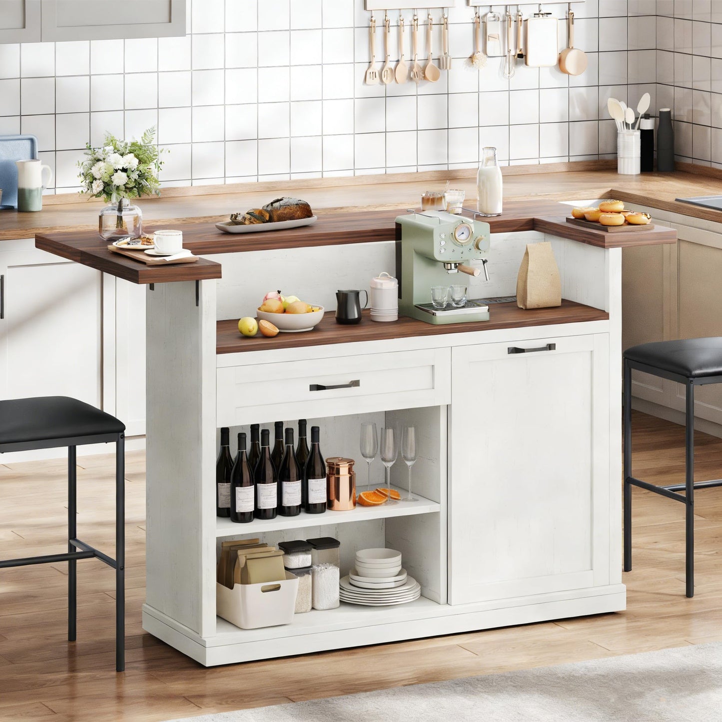 Homiflex Bar Cabinet, 55" Kitchen Island with Storage, Breakfast Bar Table with Drop Leaf, Bar Height Table with Power Outlet and Trash Can Cabinet, Mobile Island Table for Kitchen, Home, Rustic White