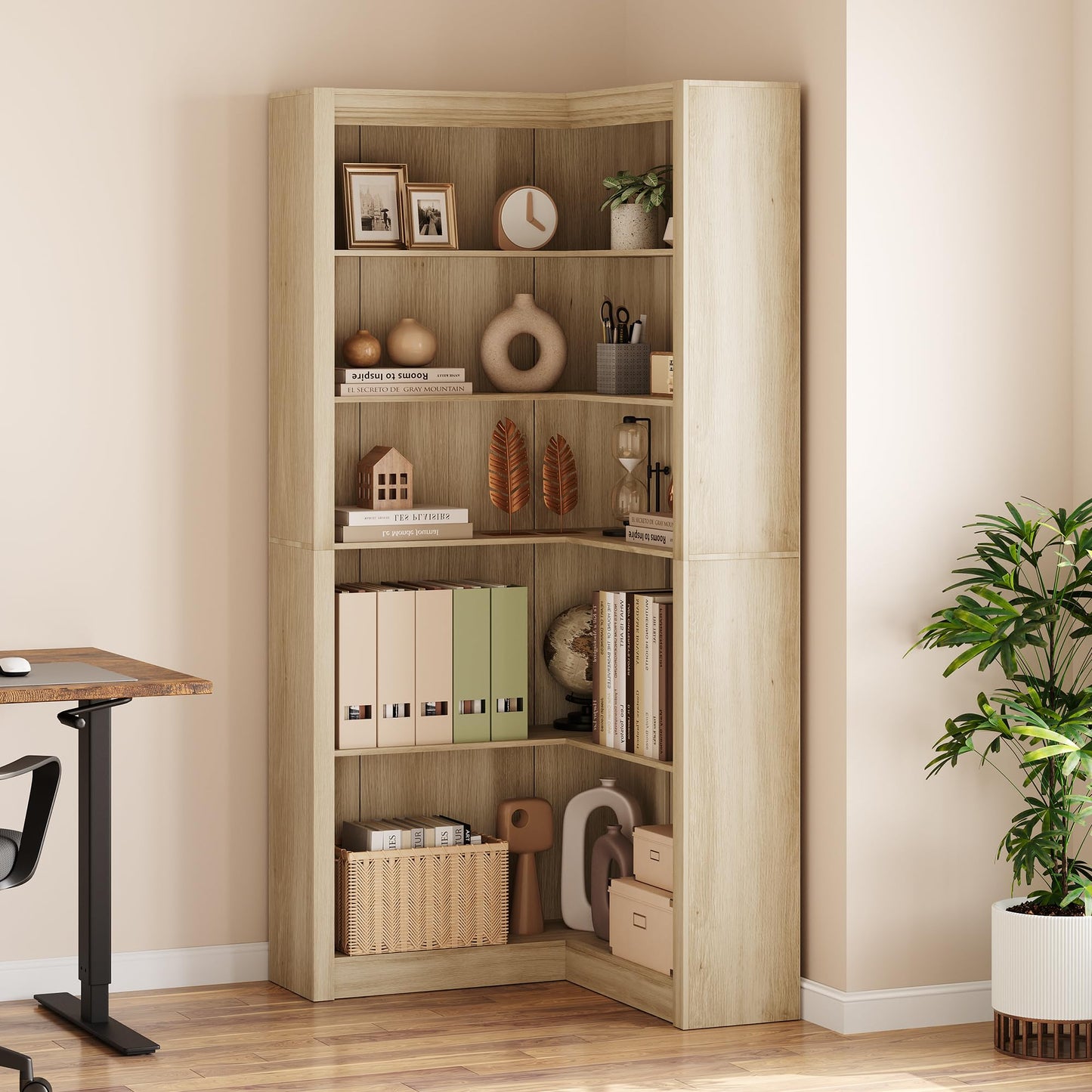GarveeHome Corner Bookshelf, 71.8 in Farmhouse Corner Bookcase, L-Shaped Bookshelf Large Bookcase, 5 Tier Display Shelf Heavy Duty Bookcases, Bookshelves with Storage (Light Wood)