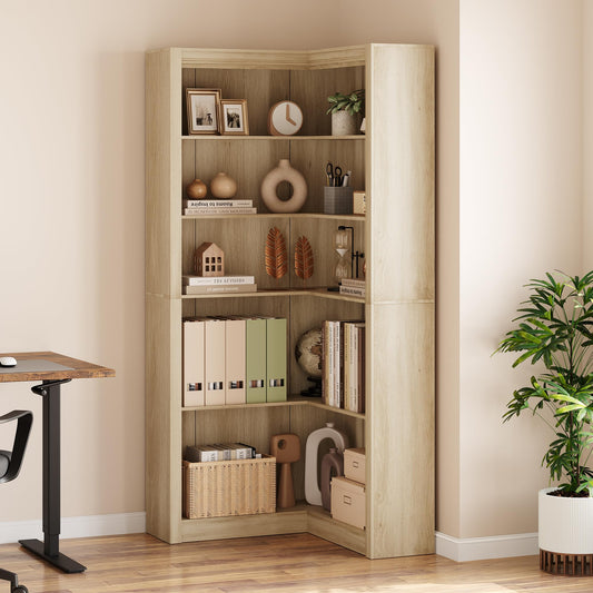 GarveeHome Corner Bookshelf, 71.8 in Farmhouse Corner Bookcase, L-Shaped Bookshelf Large Bookcase, 5 Tier Display Shelf Heavy Duty Bookcases, Bookshelves with Storage (Light Wood)