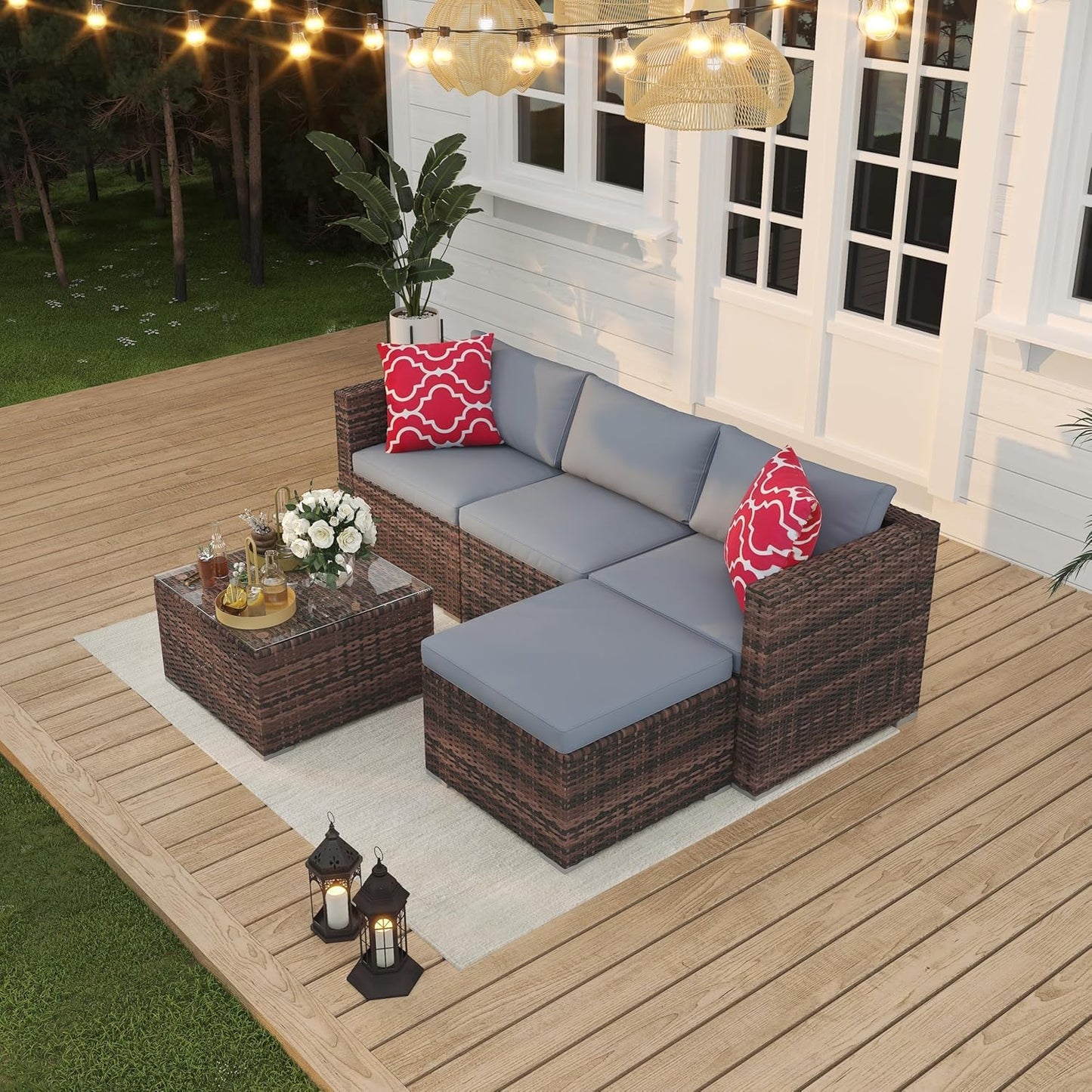 5-Piece Outdoor PE Wicker Patio Furniture Set, Water-Resistant Sectional Sofa With Plush Cushions, Tempered Glass Coffee Table & Ottoman, All-Weather Garden Conversation Set for Porch, Backyard, Grey