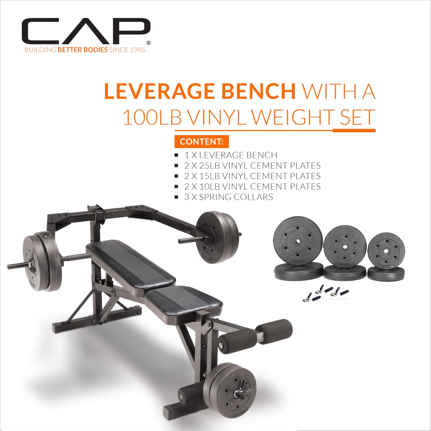 Cap Leverage Weight Bench with 100 LB Vinyl Weight Set, Adjustable Strength Training Bench with Leg Developer, Multi-Position Home Gym Bench Press with Vinyl Cement Plates & Spring Collars