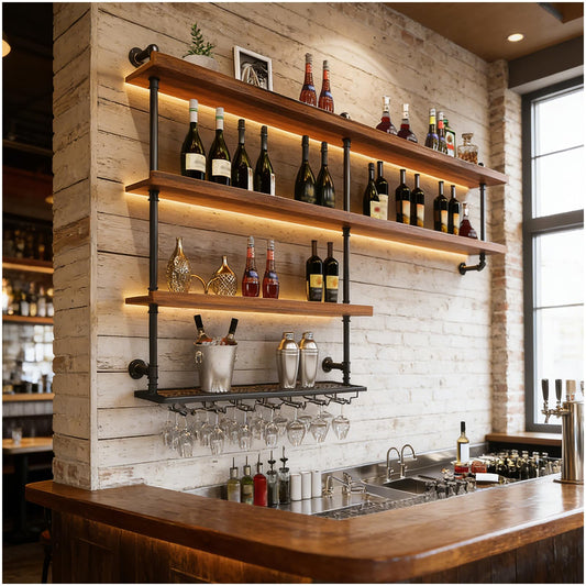31.5in Large Solid Wood Wine Rack Wall Mounted, Wall Bar Shelves for Liquor Bottles with LED Light, 4 Tier Wine Glass Rack Capacity Liquor for Bar Living Room Dining Room Kitchen Cafe (31.5in/80cm)