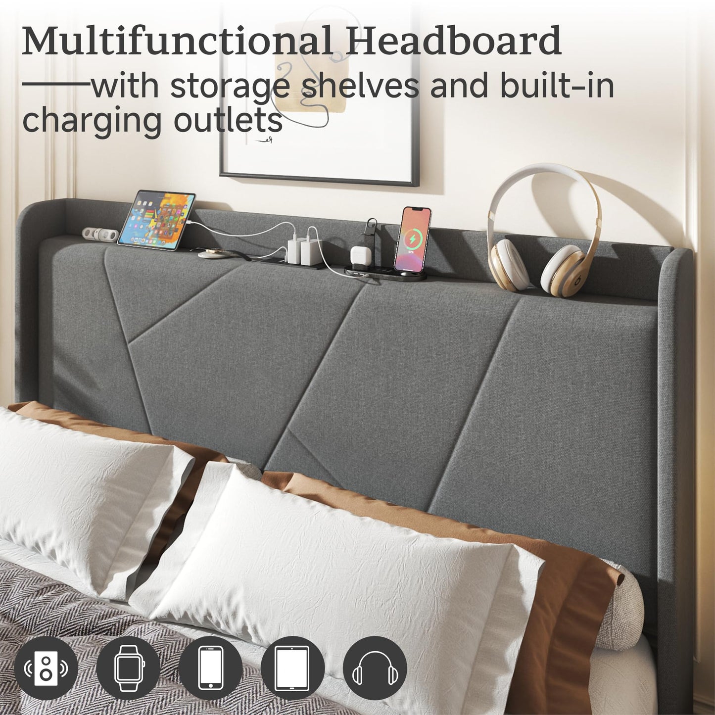 Queen Size Linen Bed Frame, Storage Headboard with Charging Station, Upholstered Platform Bed with Wooden Slats Support, Solid and Stable, Noise Free, No Box Spring Needed, Easy Assembly, Gray