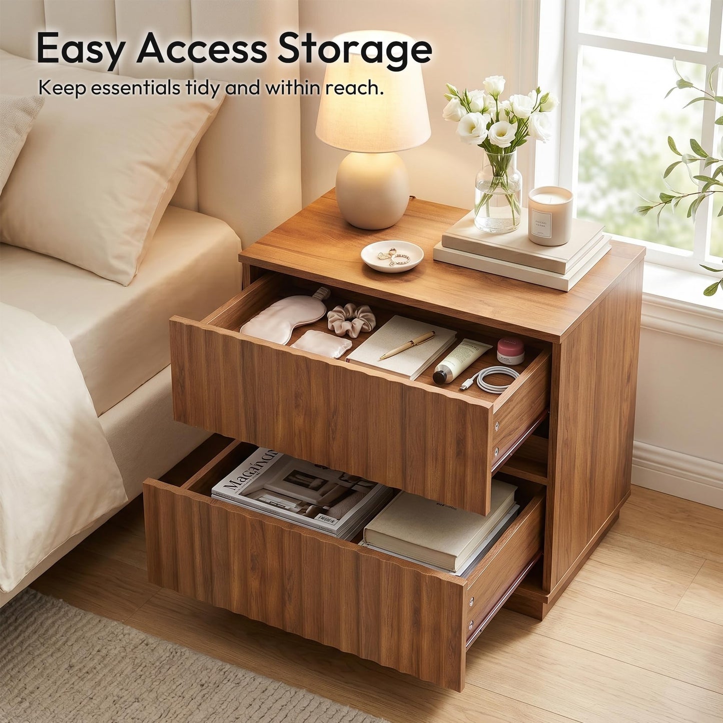 FurniXpress Fluted Nightstands Set of 2, 23.6" Wide Walnut Brown Mid-Century Modern Bedside Tables with 2 Drawers, Handleless Night Stand for Bedroom