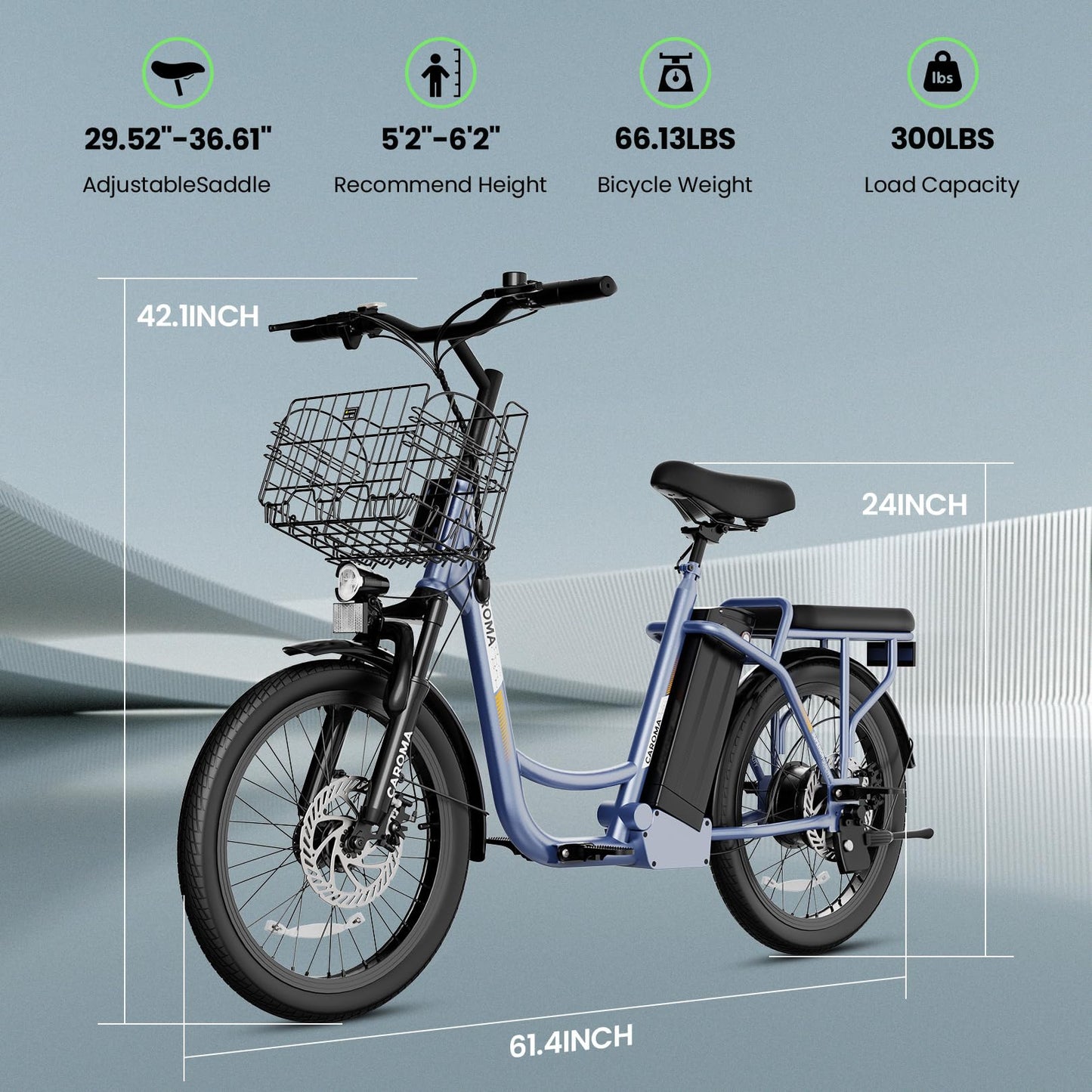 Caroma Peak 500W Electric Scooters with Seat,Step Thru Electric Bicycle 36V Removable Lithium-Battery,15Miles Max Range,20MPH Commuting Electric Bike for Adults&Teens,Shock Absorber,Gray Blue
