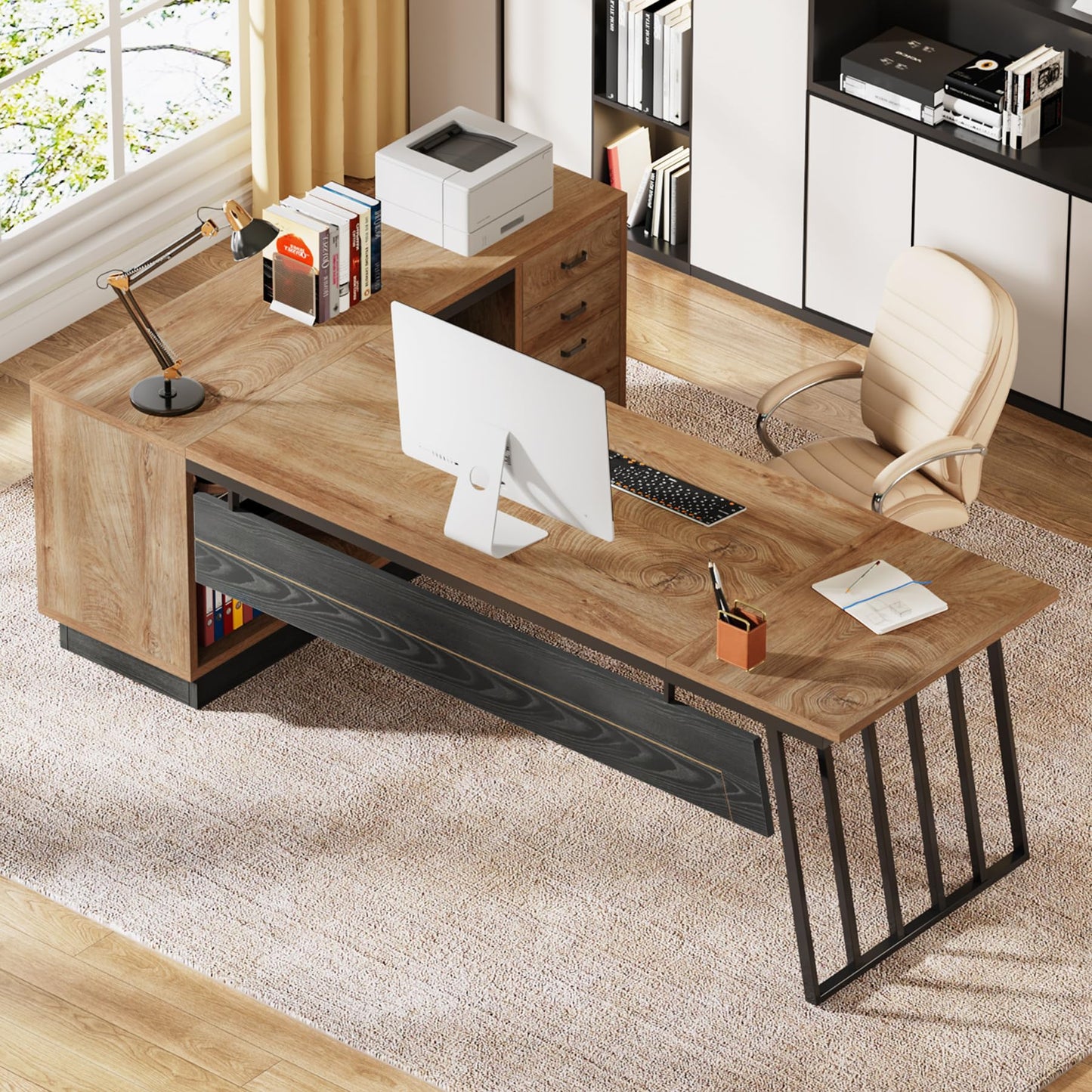 Tribesigns 71-Inch Executive Desk, L-Shaped Desk with Cabinet, Large Office Desk with Drawers and Storage Shelves, Writing Table Computer Desk for Home Office, Oak and Black