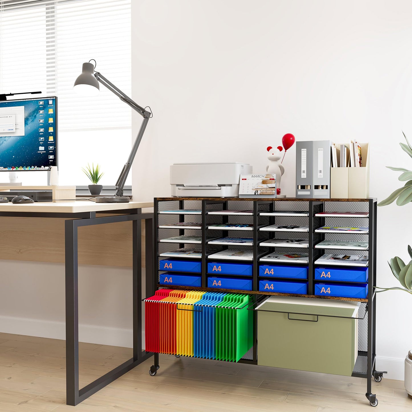 EasyPAG Rolling File Cart with 24 Slot Mail Organizer, Under Desk Storage with Hanging File Rack for Letter/Legal Folders, Mobile Filing Cabinet Printer Stand for Office Home Classroom, Black