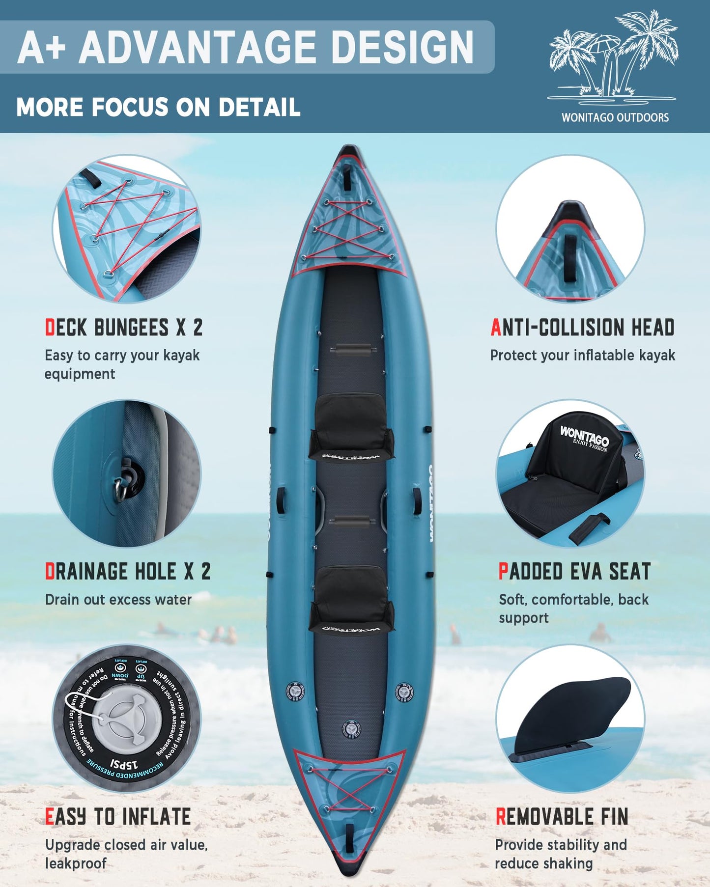 WONITAGO PVC Inflatable Kayak with Drop Stitch Floor, Recreational Touring Kayak with Kayak Paddle, Hand Pump and Carrying Bag, 2 Person, Blue