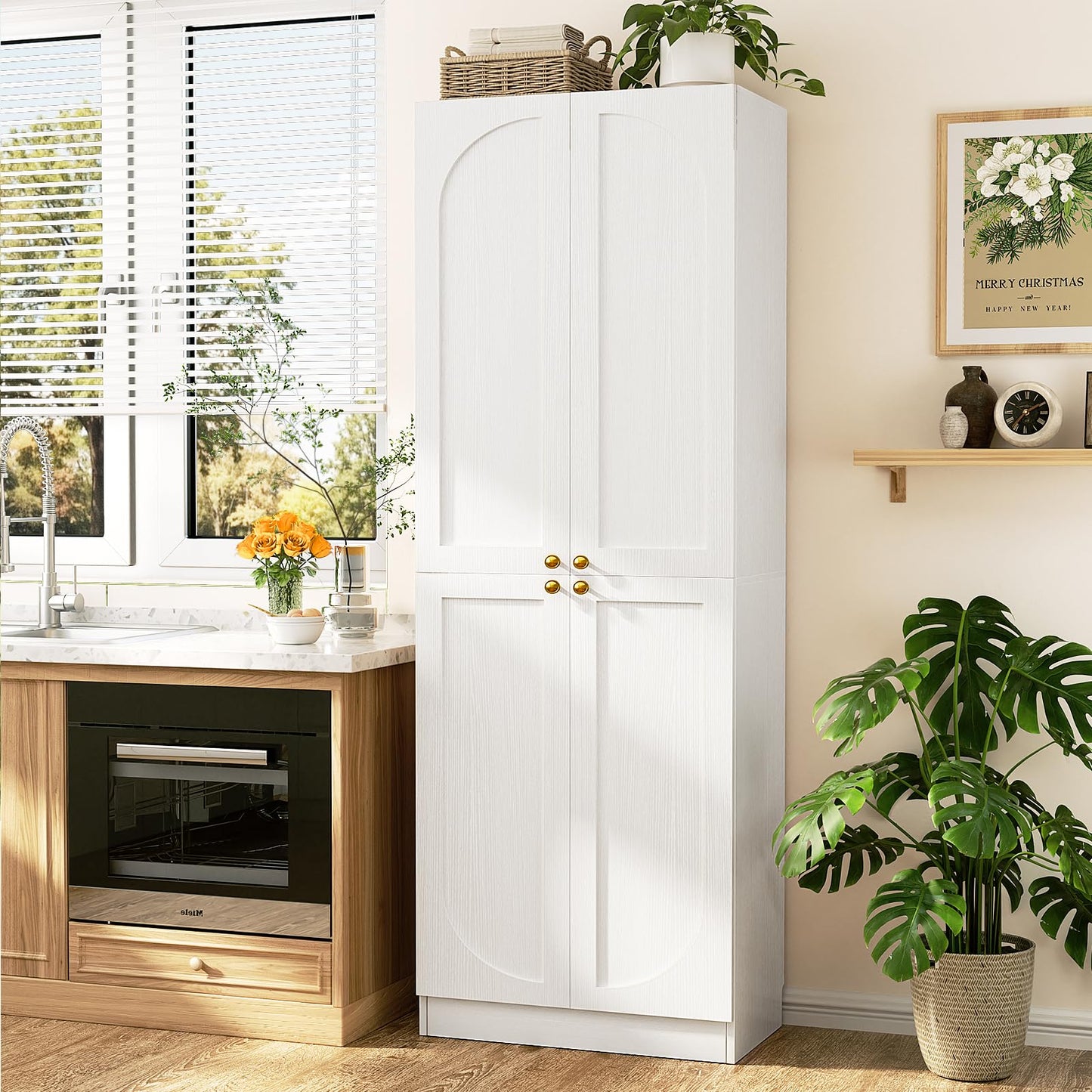 Cyclysio 80" Kitchen Pantry, Extra Tall Arch Storage Cabinet with 4 Soft Close Doors and Adjustable Shelves, Freestanding Wood Cupboard with Seamless Fit Wall for Dining Living Room Bathroom Furniture
