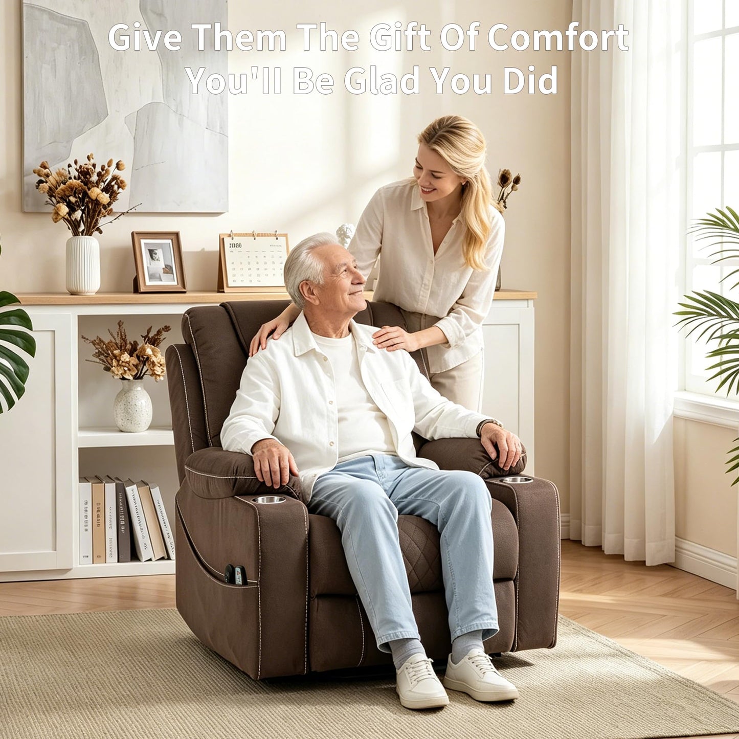 RHHVVR Oversized Power Lift Recliner Chair for Big and Tall 400 LBS Elderly, 26" Large Electric Recliner Chair with Massage and Heating, Lay Flat Zero Gravity Recliner Sofa, Velvet Coffee Brown