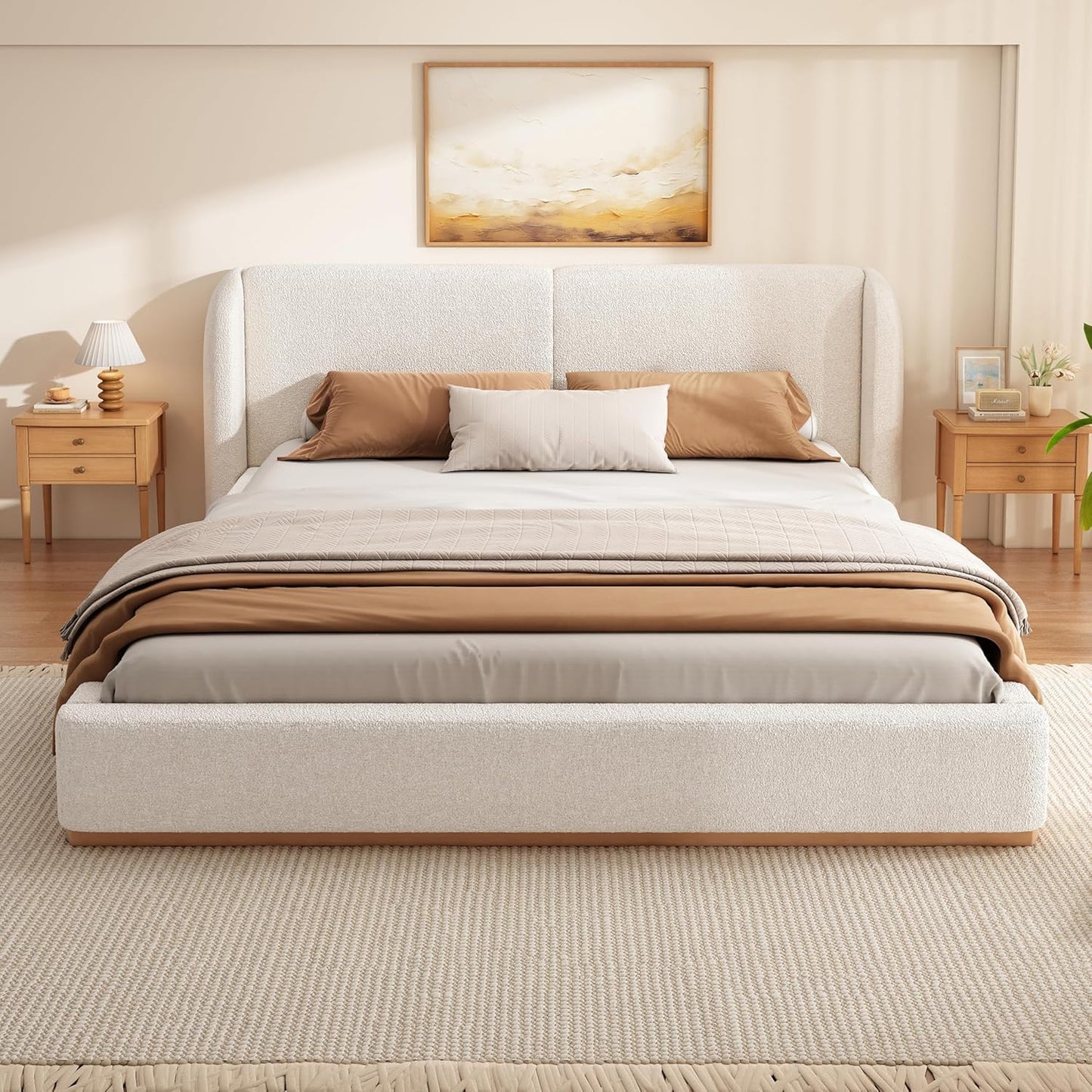 Merax King Bed Frame with Boucle Upholstered Wingback Headboard, Solid Wood Base, Contemporary Aesthetic Platform Bed, No Box Spring Needed, Bear 700lbs, White