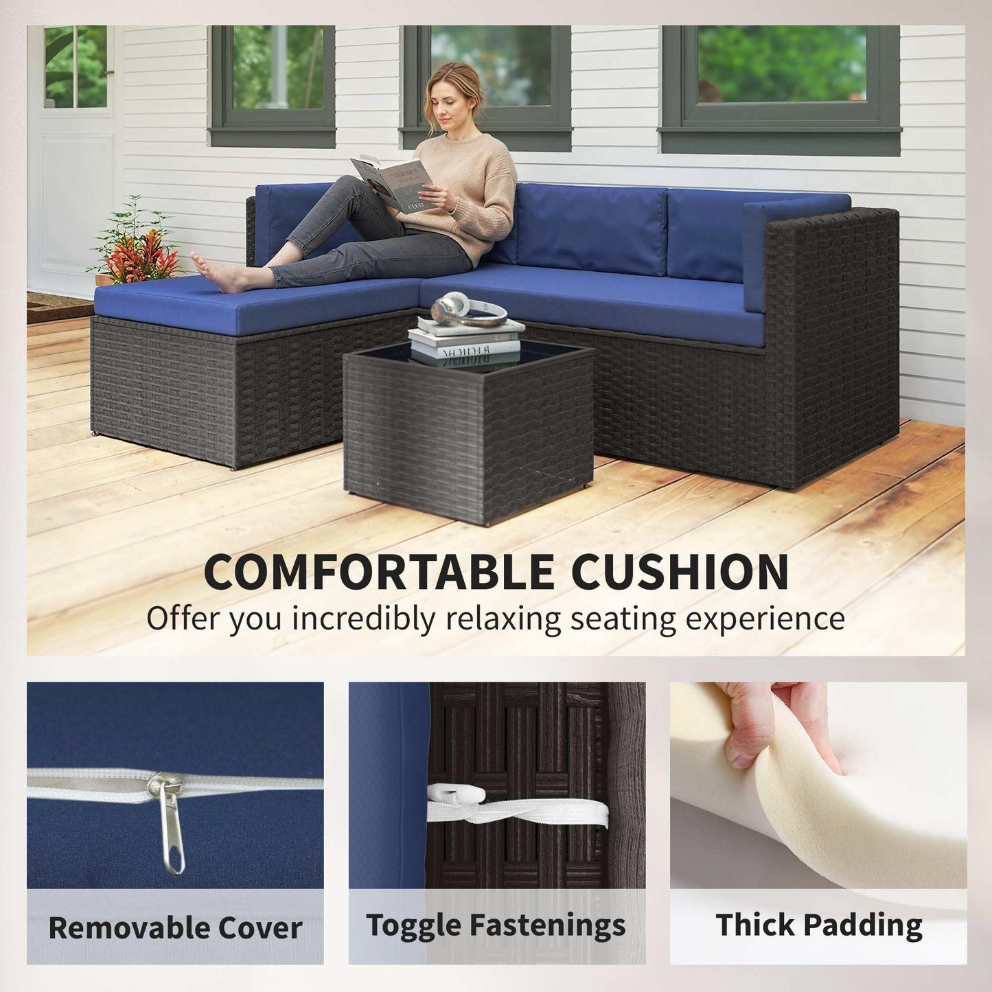 Outsunny 3 Piece Patio Furniture Set, Wicker Rattan Outdoor Patio Conversation Furniture Set with Cushions, Glass Top Coffee Table, Deep Seating for Garden, Backyard, Porch, Navy Blue