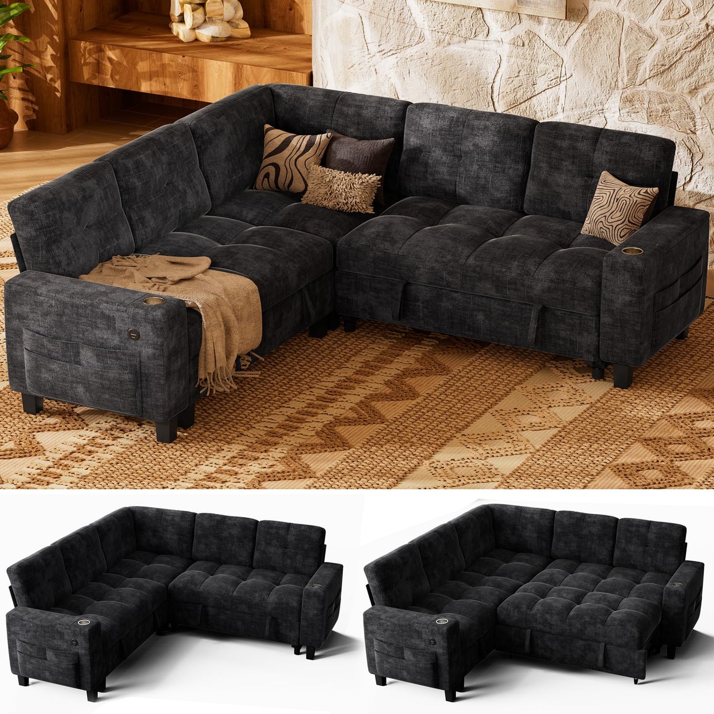 Marsail 84.6" Sectional Sleeper Sofa with Pull Out Bed, 5 Seat Modular Sectional Couch with Storage, USB & Cup Holders, Modern Chenille Cloud Sofa for Living Room, Dark Gray
