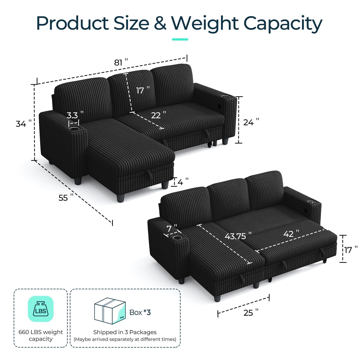 LINSY HOME Sectional Sleeper Sofa with Pull Out Couch Bed - Convertible Plush Corduroy Cloud Couch with Storage Chaise & USB Charging, Comfy L Shaped Modular Couches for Living Room Apartment, Black