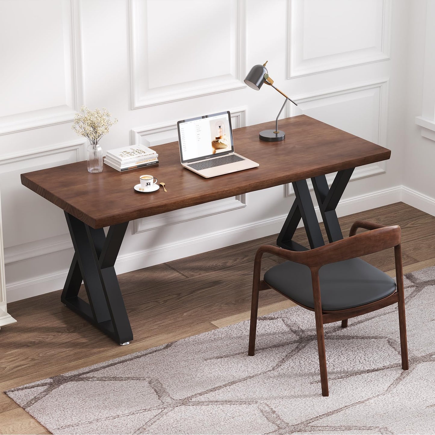 tiedingding Solid Wood Desk 47 Inch, Rustic Wooden Writing Desk with Sturdy Metal Frame, Modern Simple Design Executive Real Wood Computer Desk for Home Office, Bedroom & Living Room (Natural Finish)