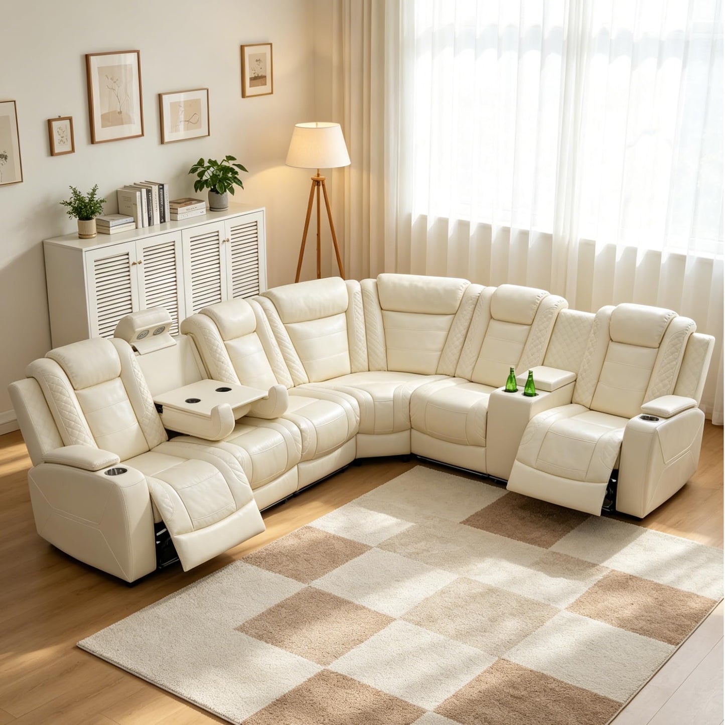 Trygoal Power Reclining Sectional Sofa Set, Modern L-Shaped Couch with Recliner, 4 Seat Power Reclining Sofa, Reclining Sectional Couches for Living Room, Home, Office, Leather, Off-White