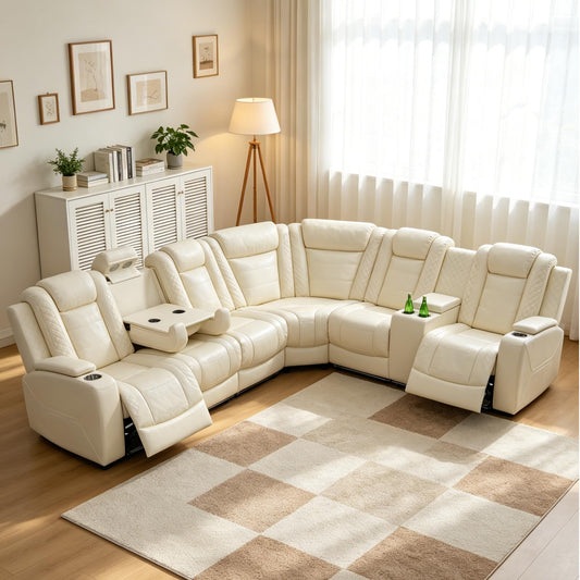 Trygoal Power Reclining Sectional Sofa Set, Modern L-Shaped Couch with Recliner, 4 Seat Power Reclining Sofa, Reclining Sectional Couches for Living Room, Home, Office, Leather, Off-White