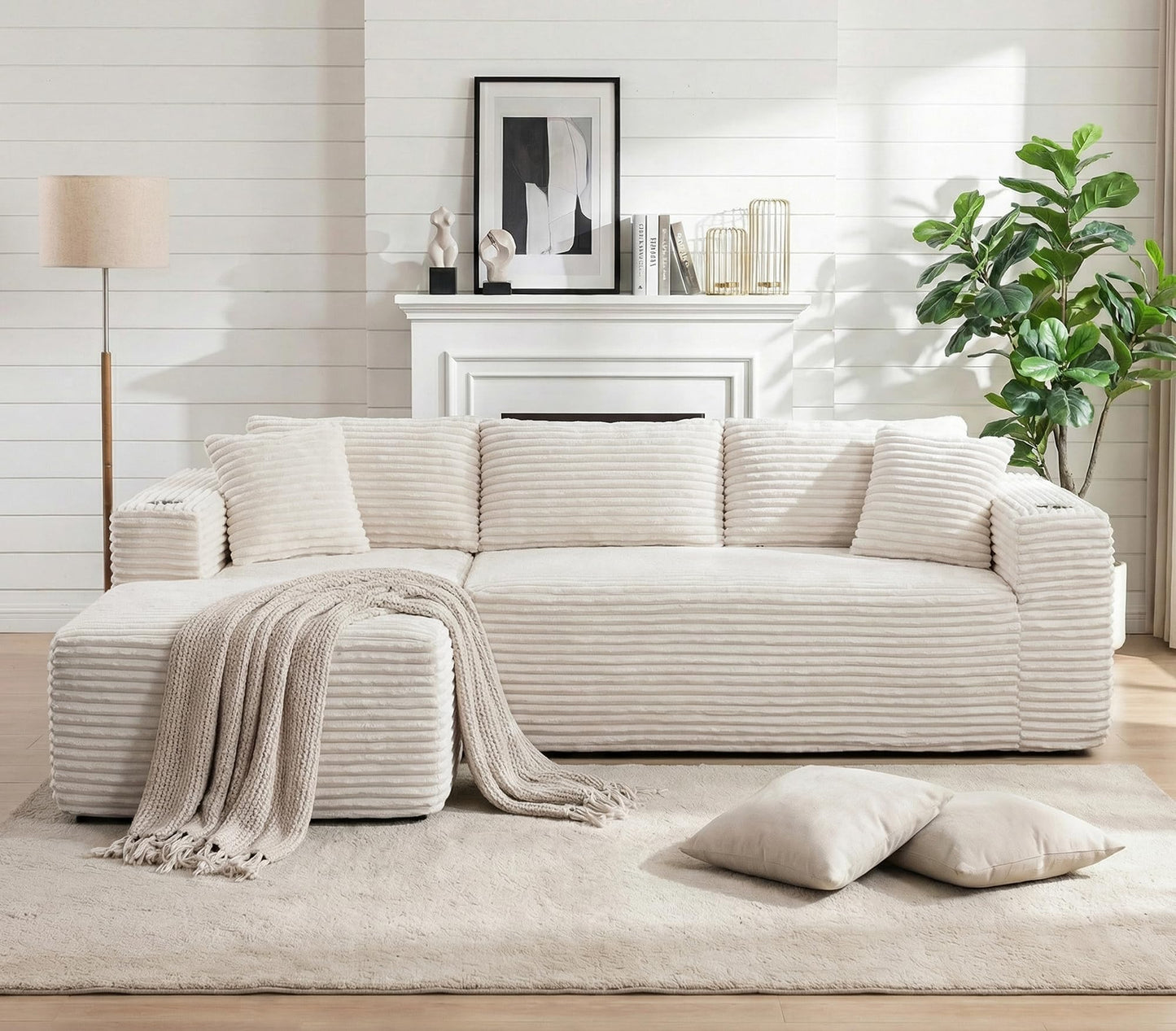 Vongrasig 103" Boneless Sectional Couches for Living Room, L-Shaped Chaise Modular Cloud Couch with Cup Holders on Armrests, Plush Corduroy Comfy Sofa with Memory Foam, No Assembly Required (Beige)