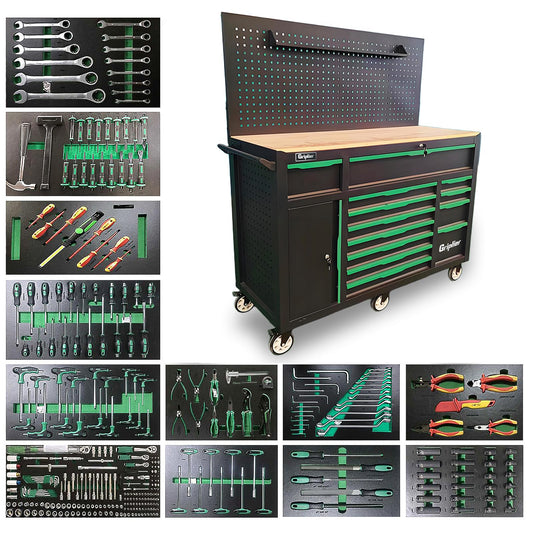 Griplier 13-Drawers Rolling Tool Cabinet with Wood Workbench,Pegboard,60.6W x 22.7D x 66.1H inch,Heavy-Duty Steel Tool Storage,Lock & Key for Home,Garbge or Workshop Use(13 Drawer + 348 Pieces Tools)
