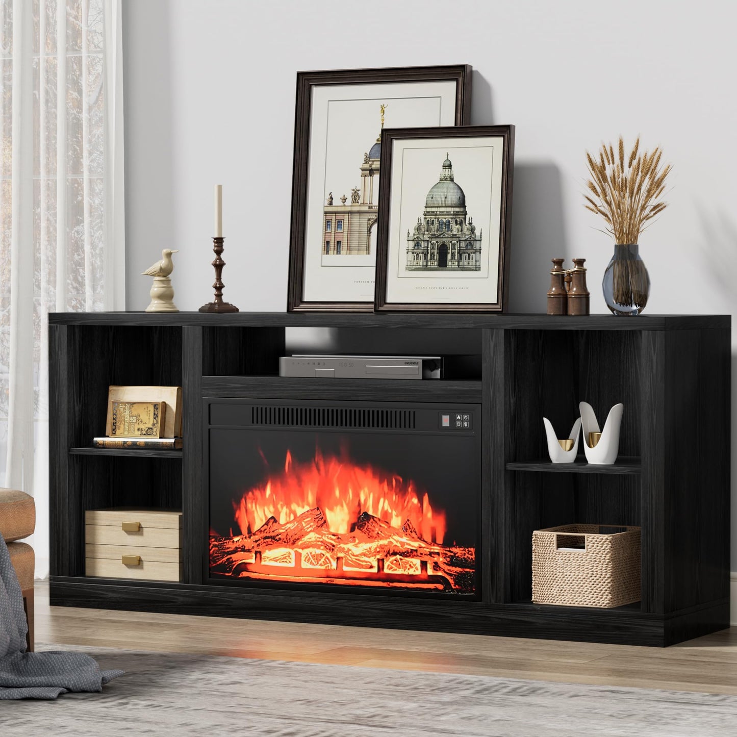YESHOMY Electric Fireplace TV Stand for Televisions up to 65+ Inch, Media Entertainment Center Console Table with Four Open Storage Shelves & Cabinets, 58 Inch, Dark Black