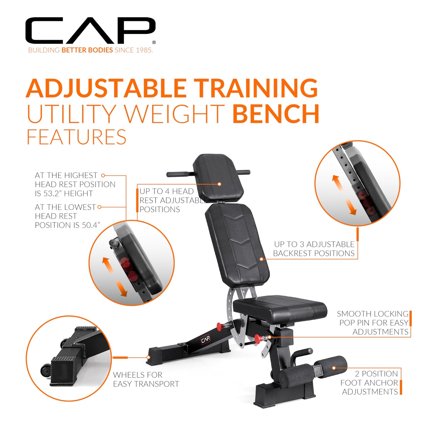 CAP Barbell Adjustable Training Utility Weight Bench | Multi-Position Incline Bench with 6 Backrest Adjustments, Leg Anchor, Wheels & 600 LB Capacity | Home Gym Strength Bench