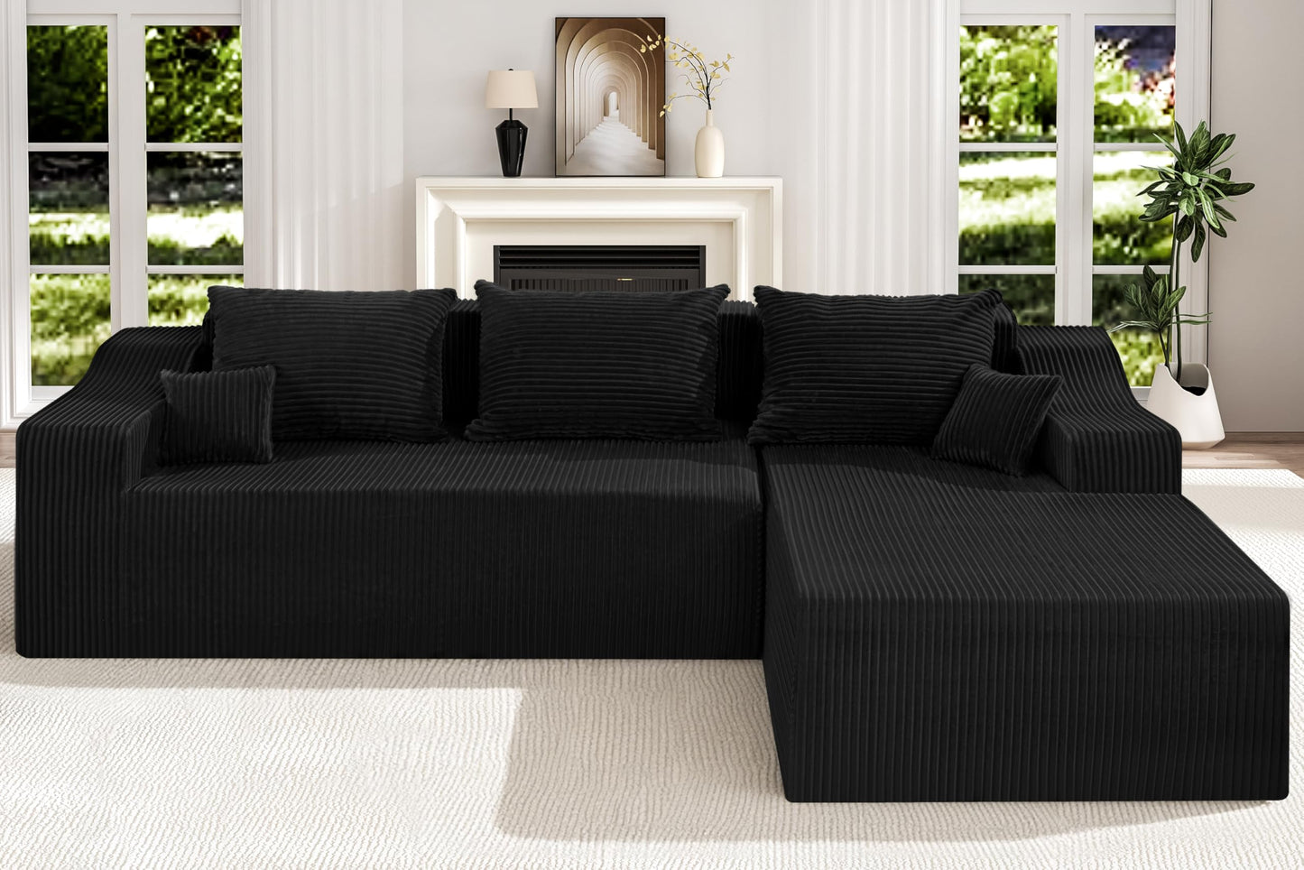 HABUTWAY 105" Modular Sectional Couches for Living Room, Boneless Couch with L-Shape Chaise,Comfy Sofa Living Room Sofas with Deep Seat,No Assembly, Corduroy Fabric(Black,Right)