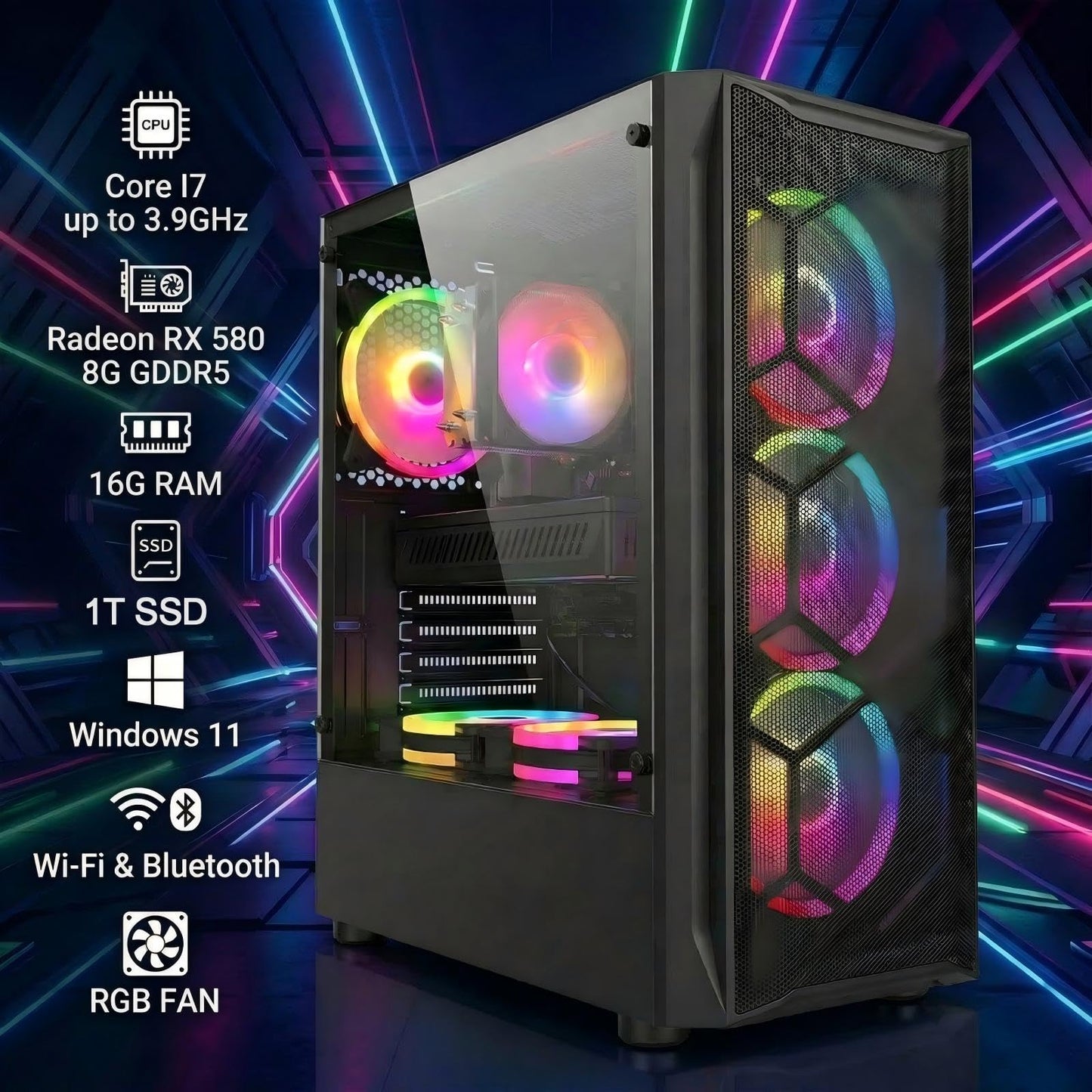STGAubron Gaming PC Computer Desktop, Intel Core i7 up to 3.9GHz, Radeon RX 580 8G Video Card, 16GB RAM, 1TB SSD, WiFi 6, BT 5.0, RGB Fan x 6, Windows 11 Home