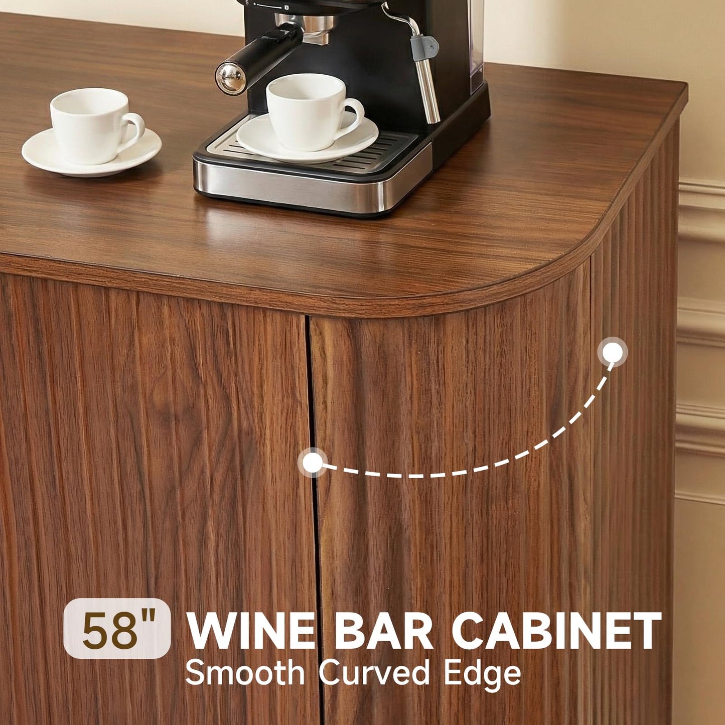 Rovibek Fluted Wine Bar Cabinet with Storage, 58" Buffet Sideboard Cabinet Sideboard with Wine Rack & Glass Holder, Farmhouse Wine and Coffee Bar Cabinet for Living Room, Kitchen, Walnut