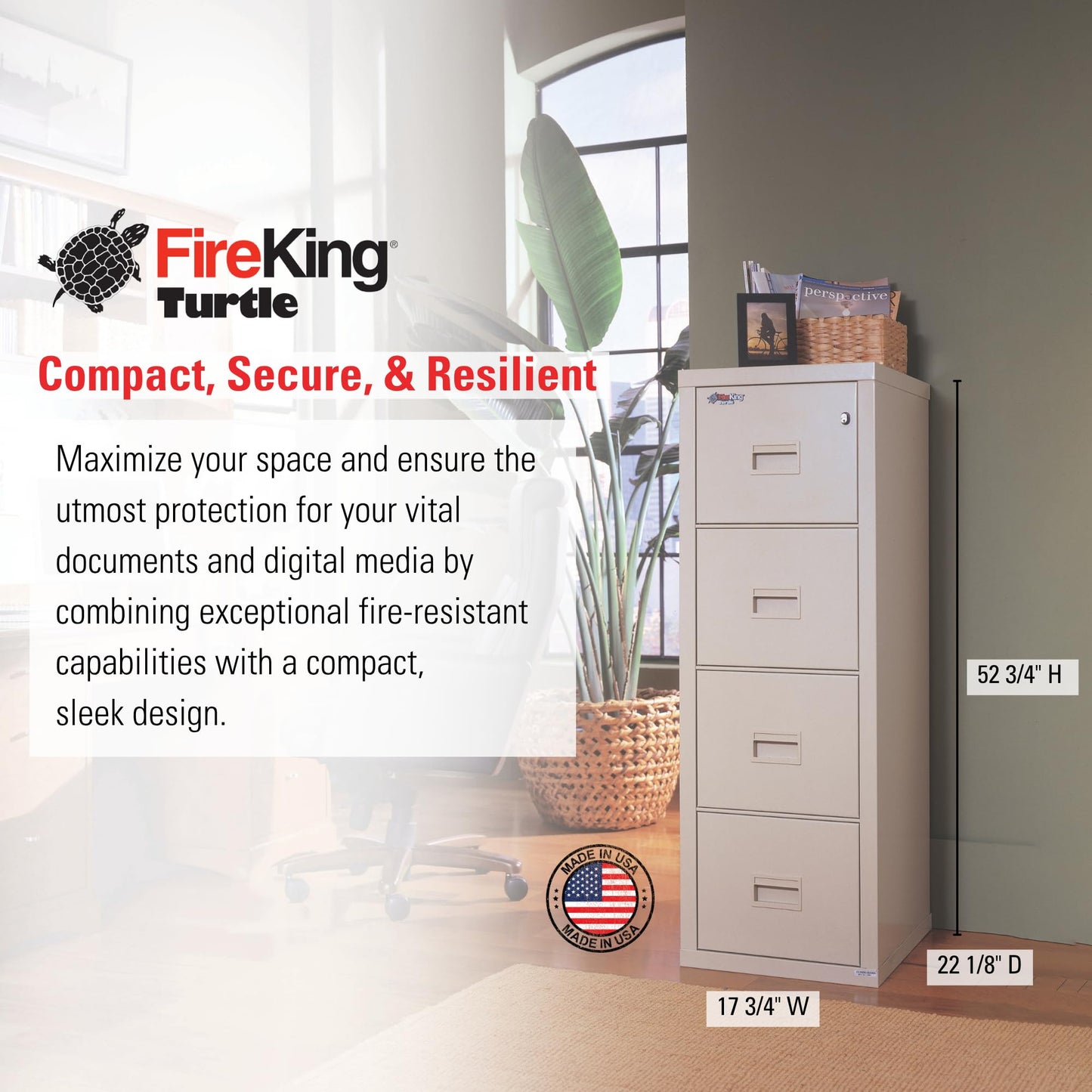 FireKing Turtle Vertical 4 Drawer Legal and Letter Fire Safe File Cabinet with Key Lock, 1 Hour Fire Rated, UL Rated & Water Resistant Home Safe, Filing Cabinet, Made in The USA, Platinum