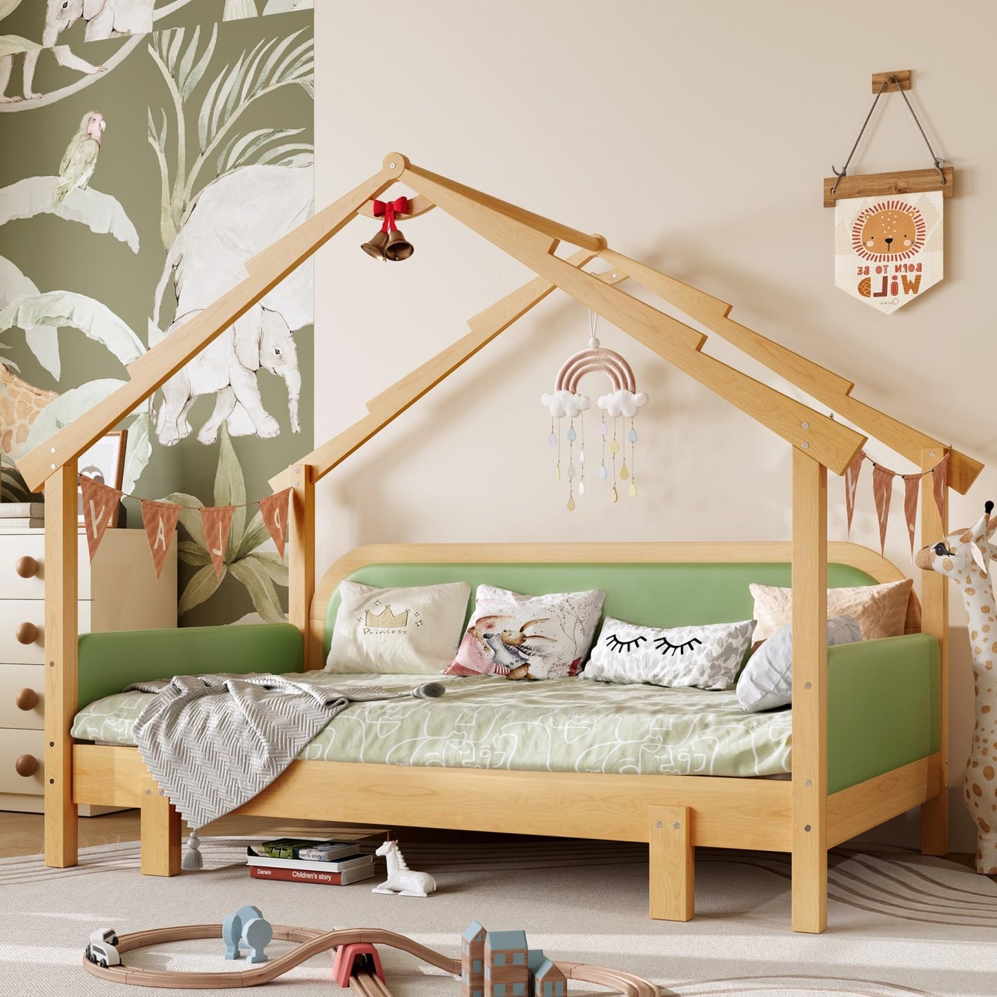 KEIKI Treehouse Extending Twin Size Bed Frames with Cushion Rails & Trundle, Upholstered Montessori Twin Daybed Bed Captain Platform for Kids Girls Boys Teens, No Box Spring Needed, Pine Solid Wood