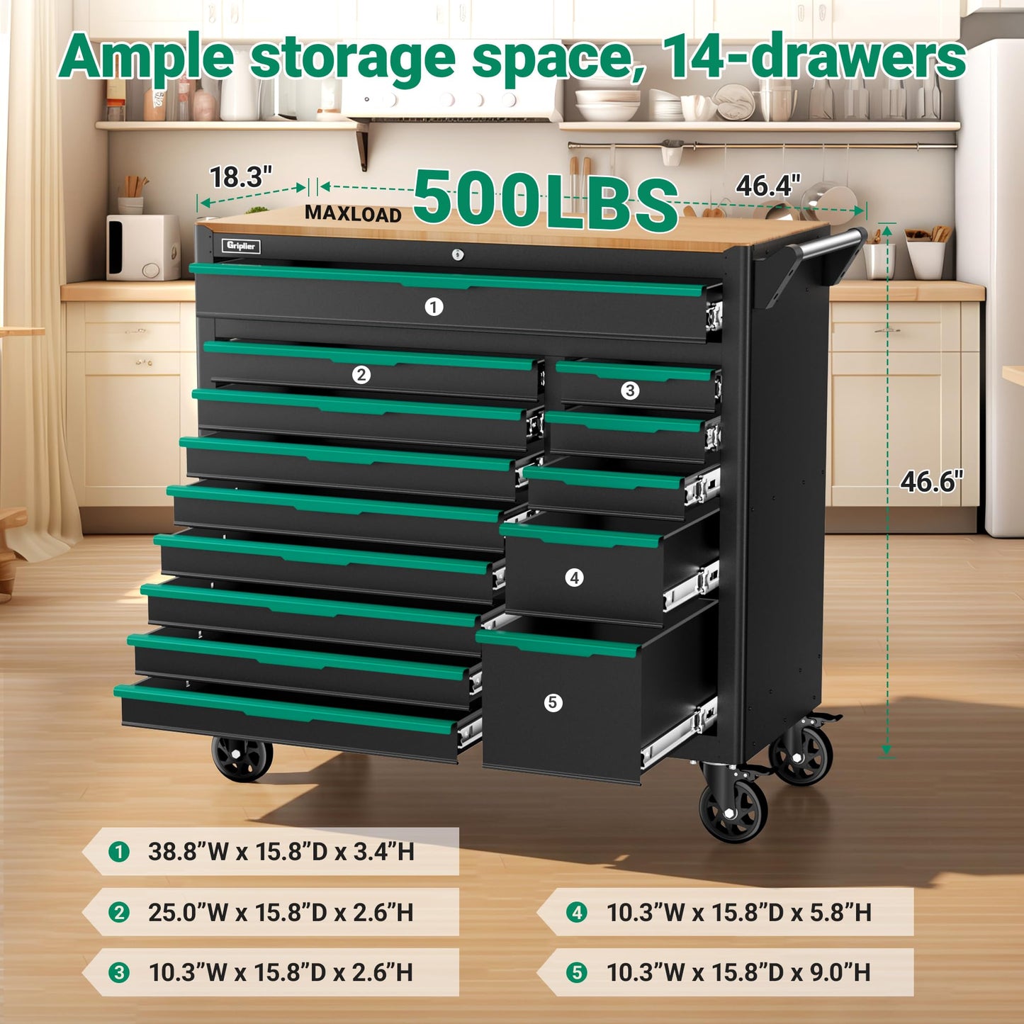 Griplier 14-Drawers Rolling Tool Chest with Wood Workbench,Brake Casters,Lock & Key,Heavy-Duty Steel Tool Cabinet Storage, for Home,Garbge or Workshop Use (14 Drawers)