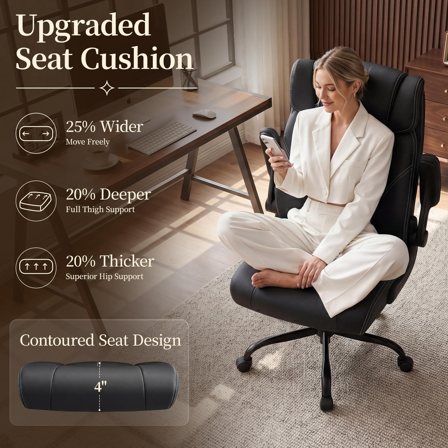 OwgeinSet Office Chair, Leather Ergonomic Computer Desk Chair with Rocking Function, High Back Executive Home Office Chair with Adjustable Flip-up Armrests, Lumbar Support, 360° Swivel, Black