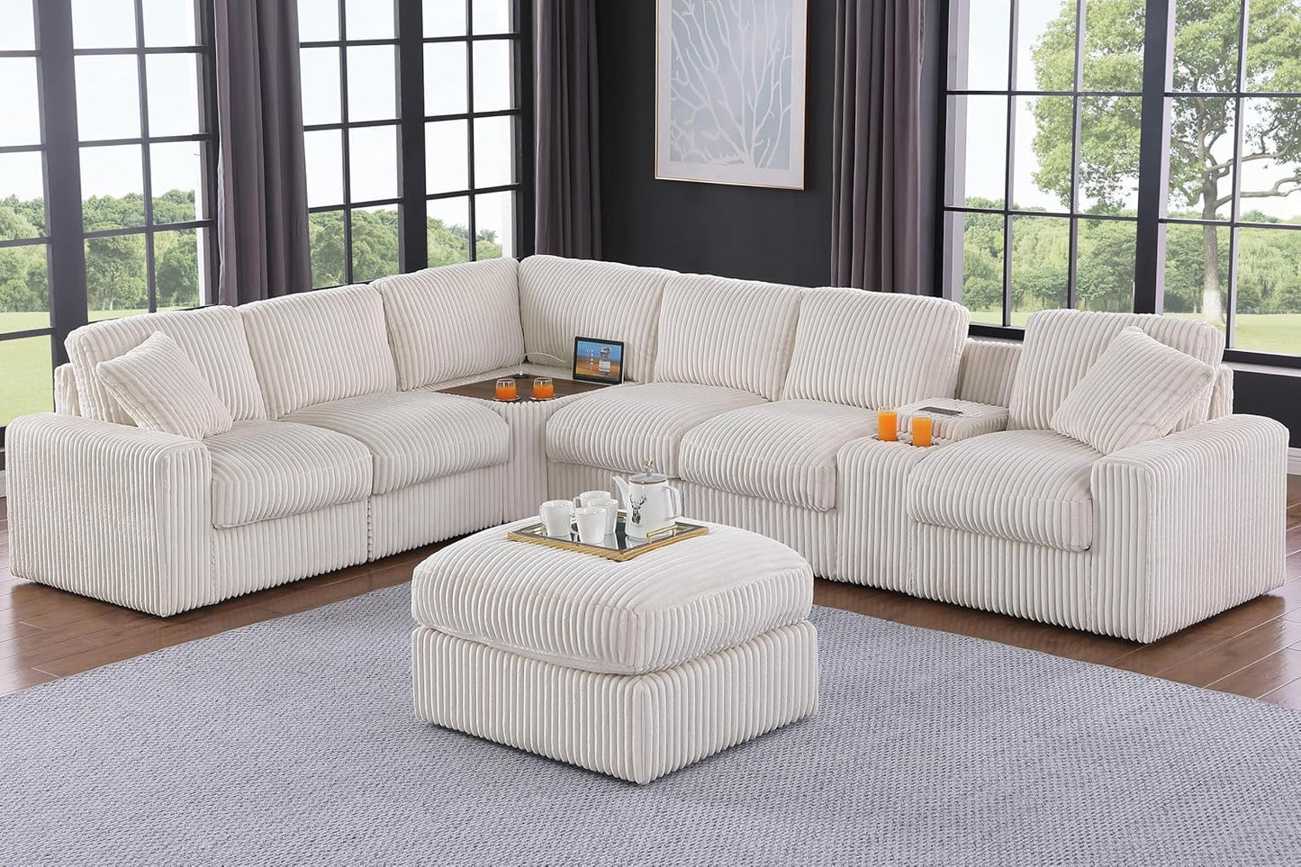Ball & Cast 127" Oversized Modular Sectional Sofa L-Shaped,Large Corduroy Upholstered Couch 7 Seat with Ottoman,Cup Holders & USB Ports,Comfty Sectionals W/Pillows & Storage Box,for Living Room,Beige