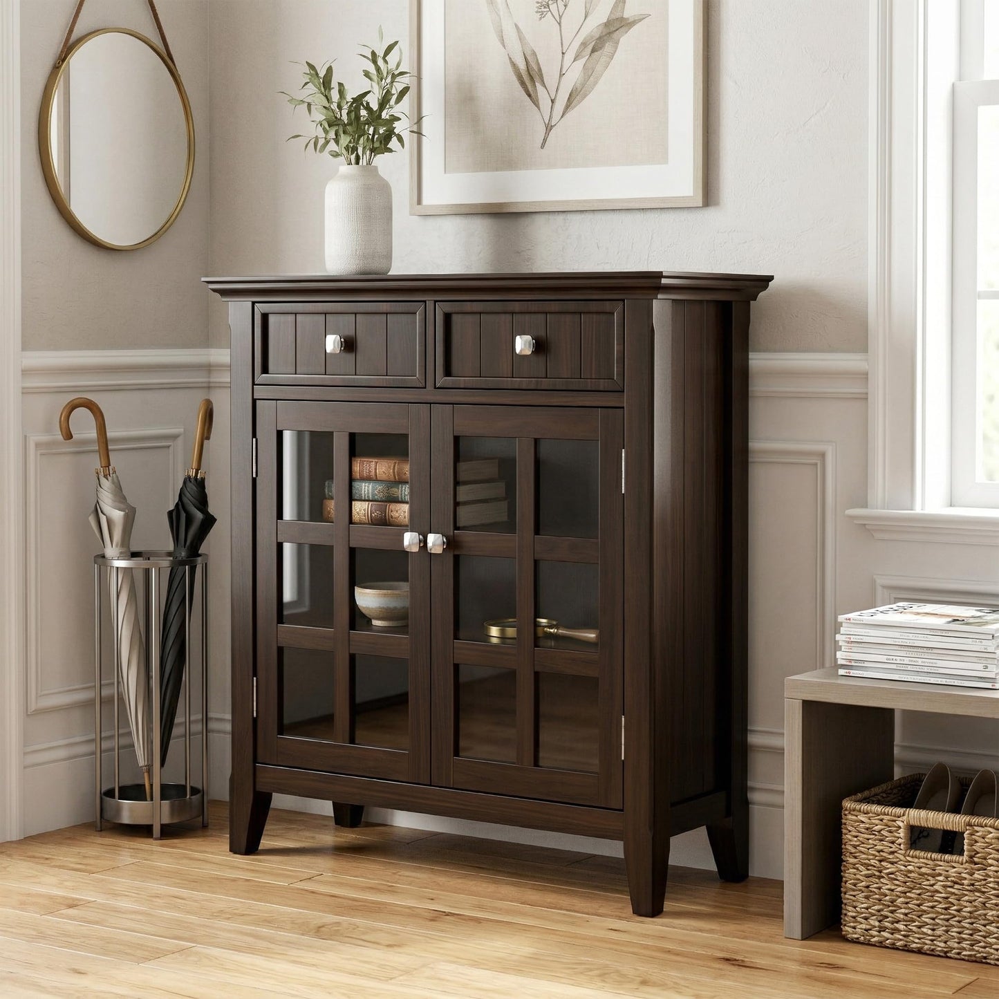 SIMPLIHOME Acadian Storage Cabinet - 36 inch Wide Solid Wood Entryway Storage Cabinet in Brunette Brown, Transitional Cabinet for Hallway or Living Room with 2 Drawers and Adjustable Shelves