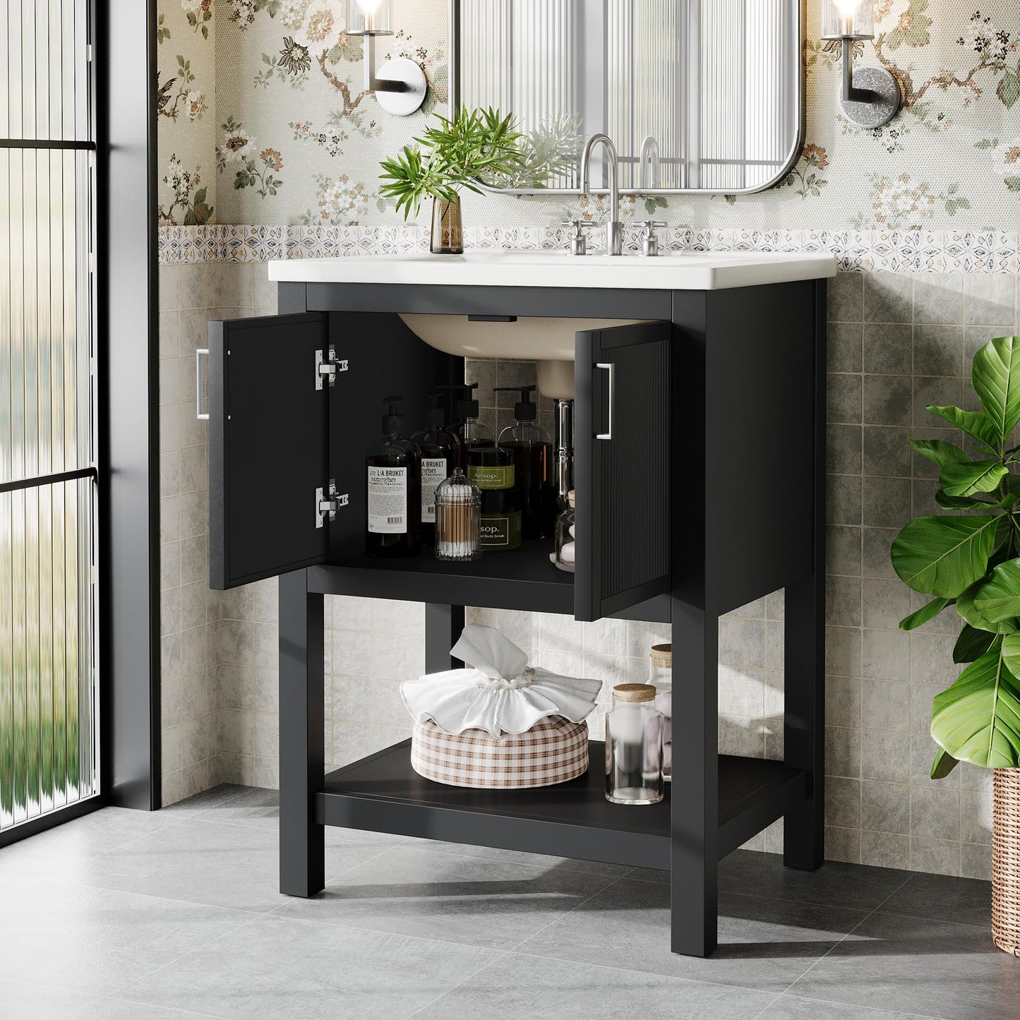 Tribesigns 24" Bathroom Vanity with Sink, Solid Wooden Frame Freestanding Vanity with Ceramic Porcelain Basin, 2-Door Storage Cabinet & Open Shelf for Small Bathroom, Industrial, Black