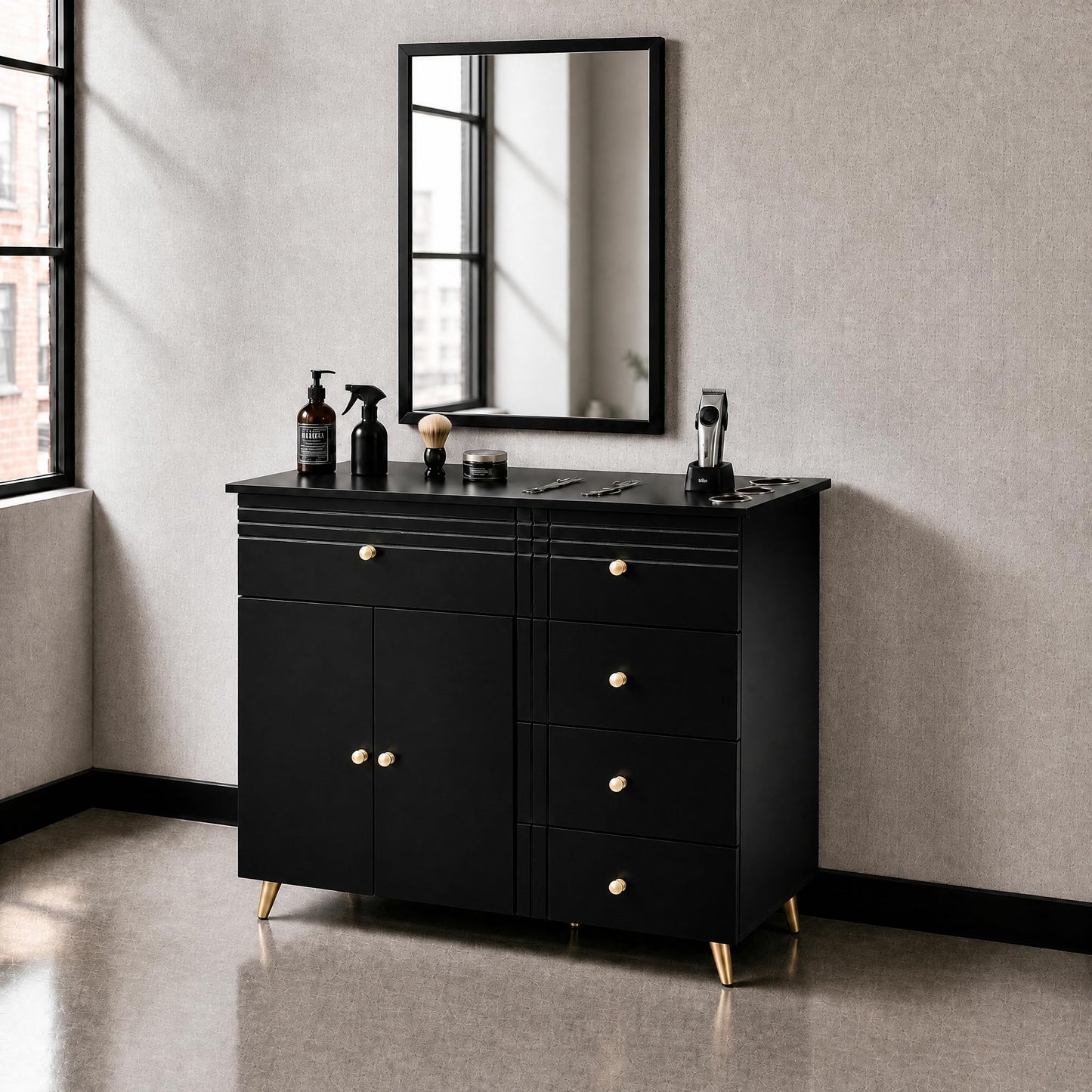 Merax Barber Salon Station with Metal Frame Mirror, Barber Cabinet Gold Legs & Handles, Multi-Zone Storage, 1 Storage Cabinet, 5 Drawers, Desktop Holes, Easy Assembly for Hair Salon, Black+Gold