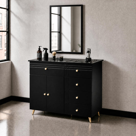 THINK 30 Salon Station, with Metal Fram Mirror, Barber Cabinet with Wall-Mount or Cabinet-Mount Mirror, Styling Station with 5 Drawers, for Hair Salon, Beauty Spa,Gold&Black