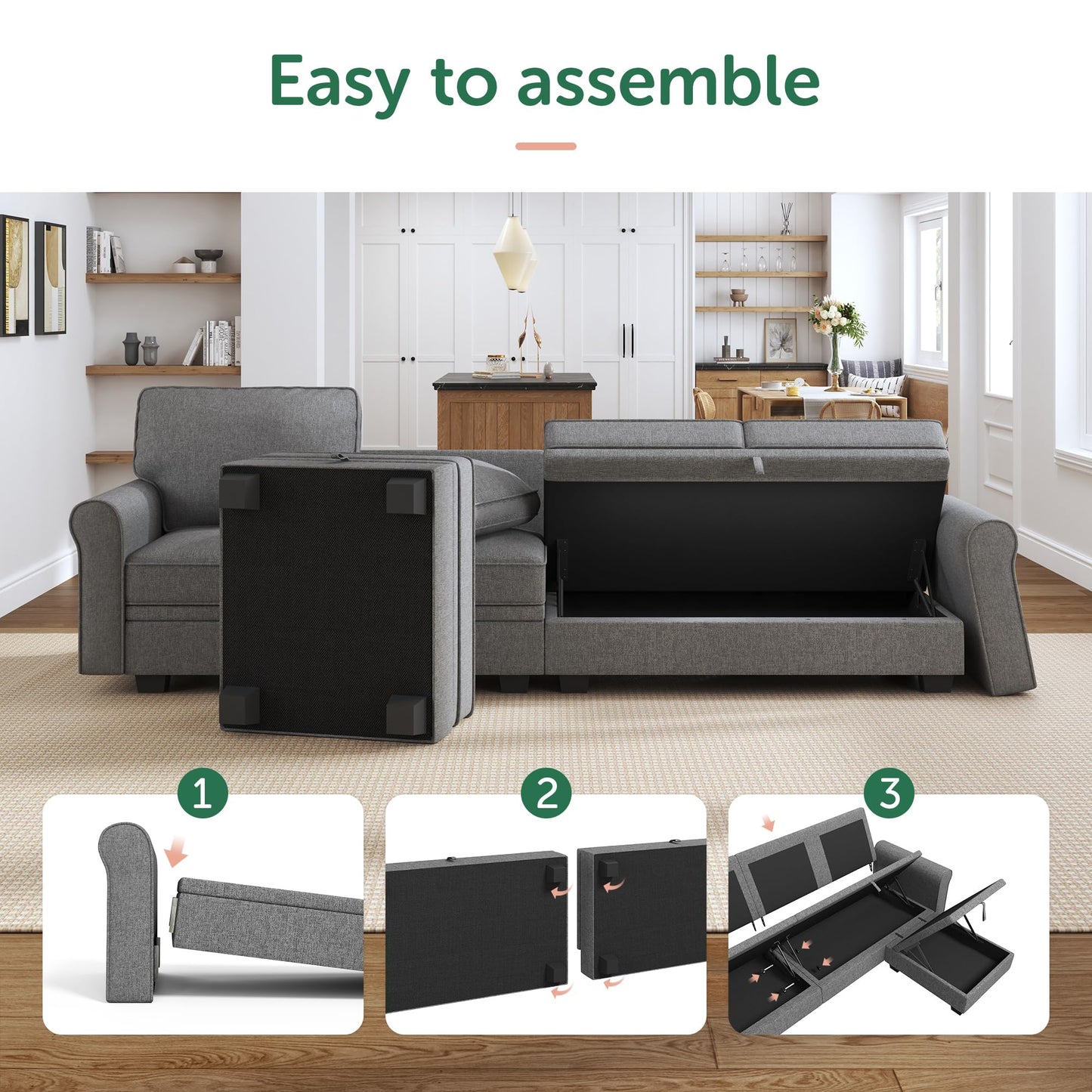 HONBAY Convertible Sectional Sofa with Storage U Shaped Sectional Couch with Reversible Chaise Small Sectional Couches for Living Room,Grey