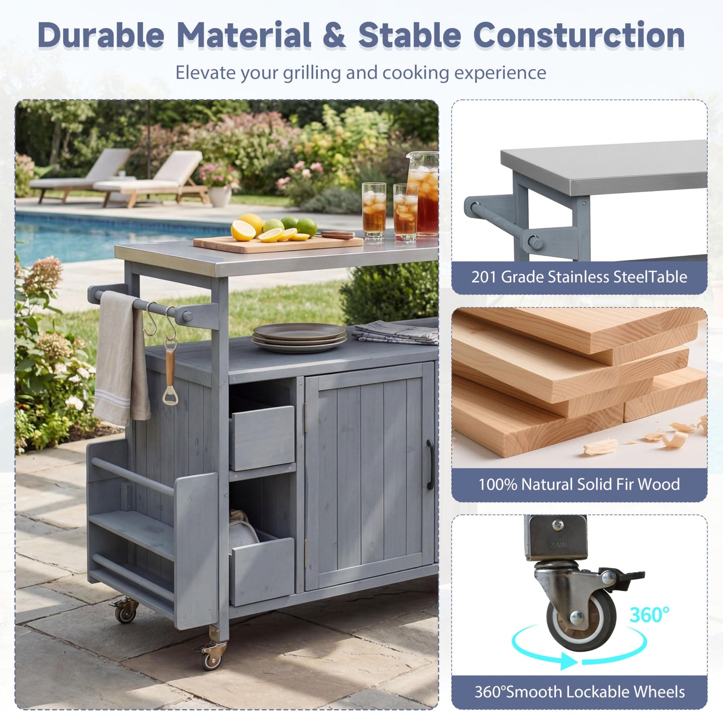 Christopher Knight Home Edsel Outdoor Bar Cart with Stainless Steel Top and Lockable Wheels, Solid Wood Outdoor Storage Cabinet, Kitchen Island Serving Cart for Poolside, Garden, Blue Gray